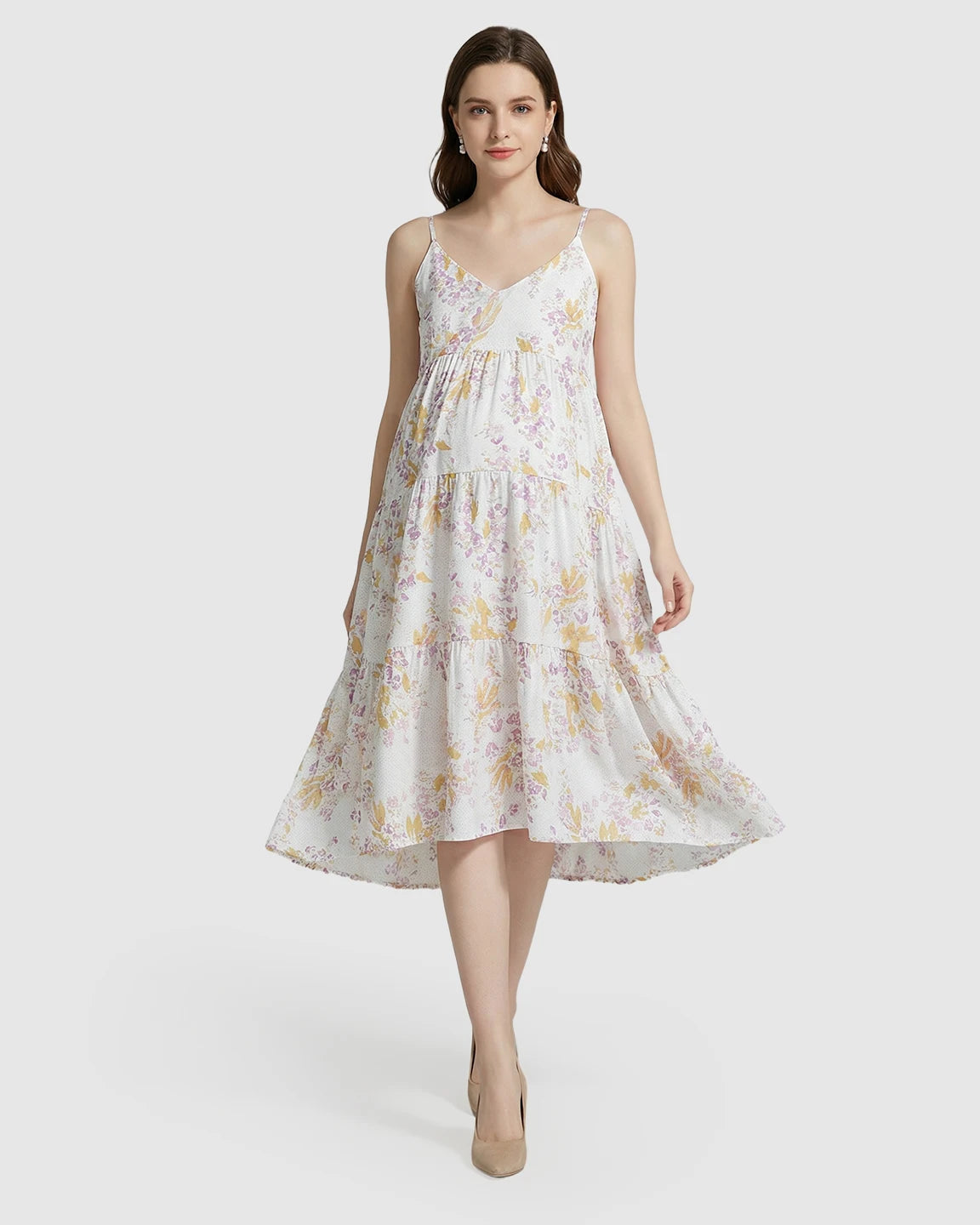 Floral V-Neck Tiered Skirt Maternity Nightgown