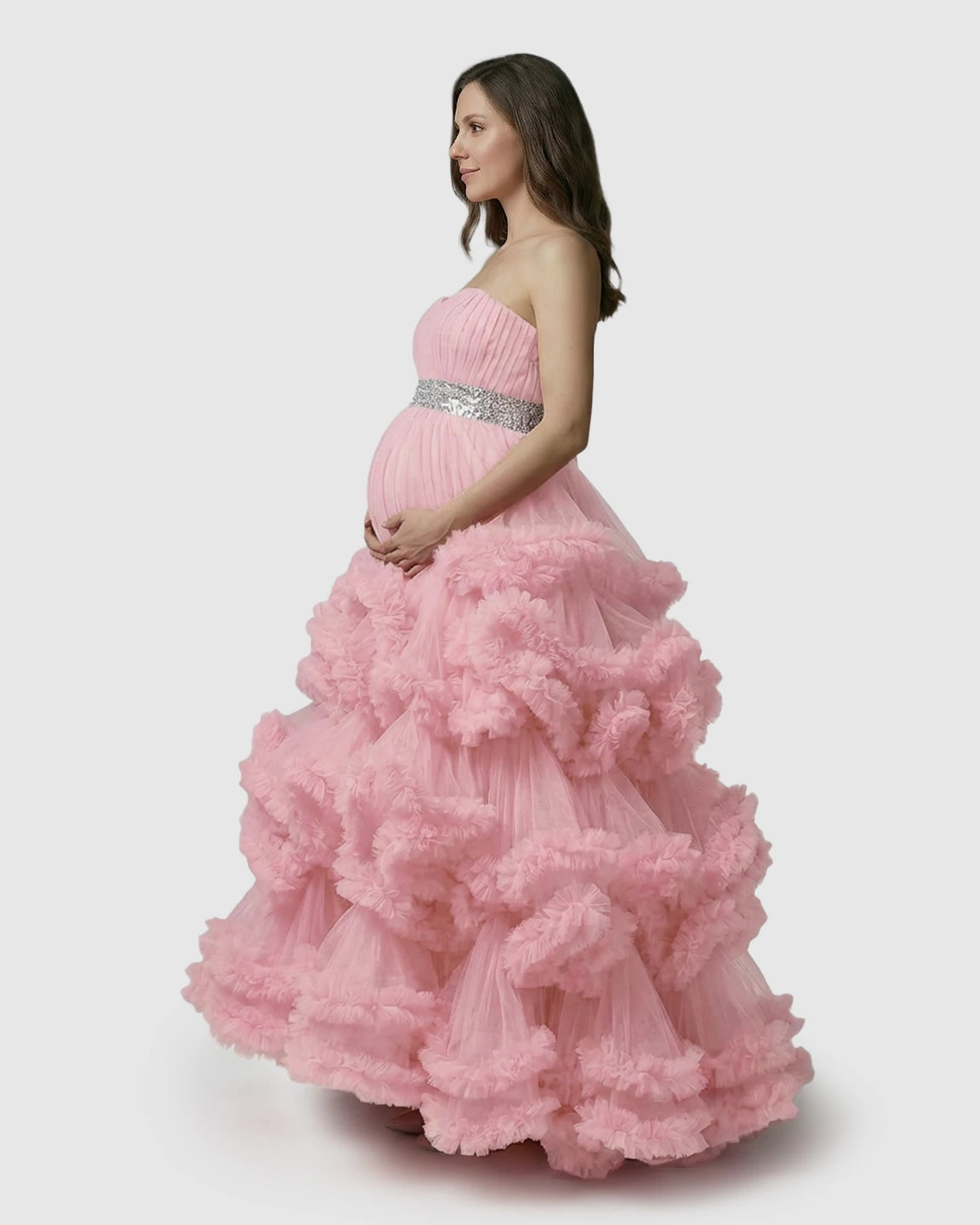 Strapless Bodice Multi-Layered Ruffled Skirt Maternity Photoshoot Dress