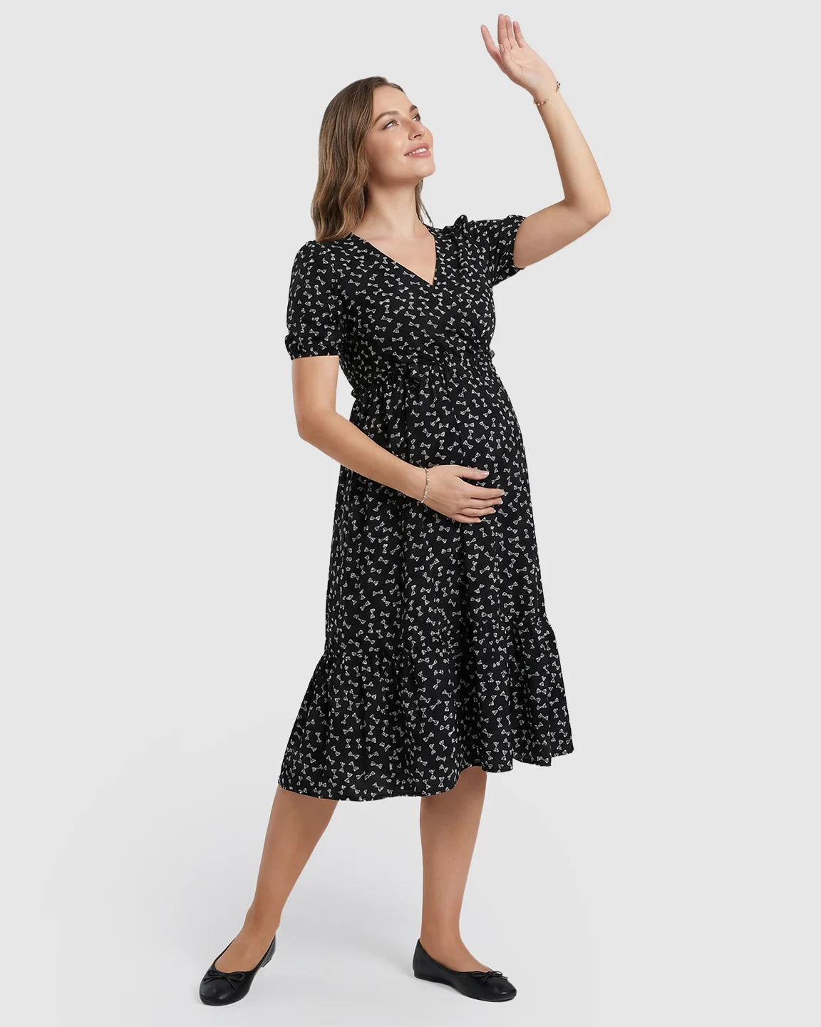 Bow Tie Print Cinched A-Line Maternity Dress