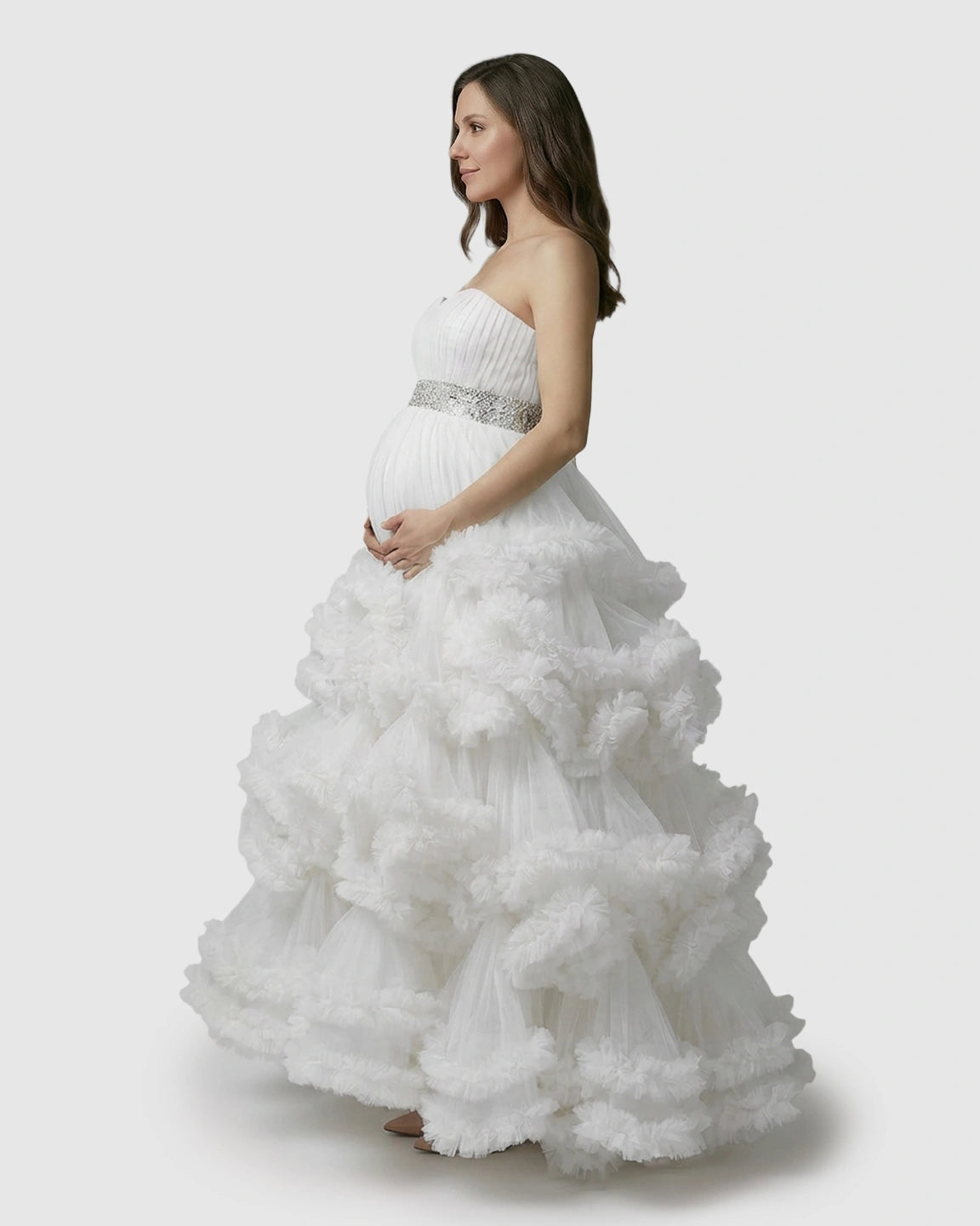 Strapless Bodice Multi-Layered Ruffled Skirt Maternity Photoshoot Dress