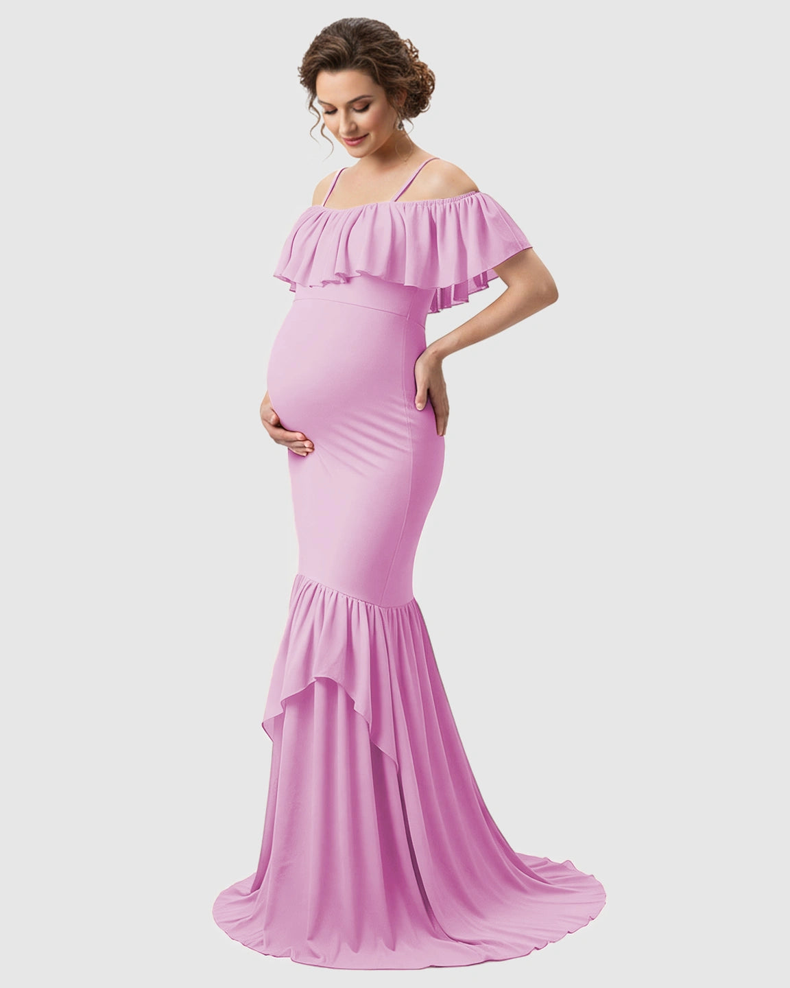 Ruffled Off-Shoulder Mermaid Train Maternity Photoshoot Dress