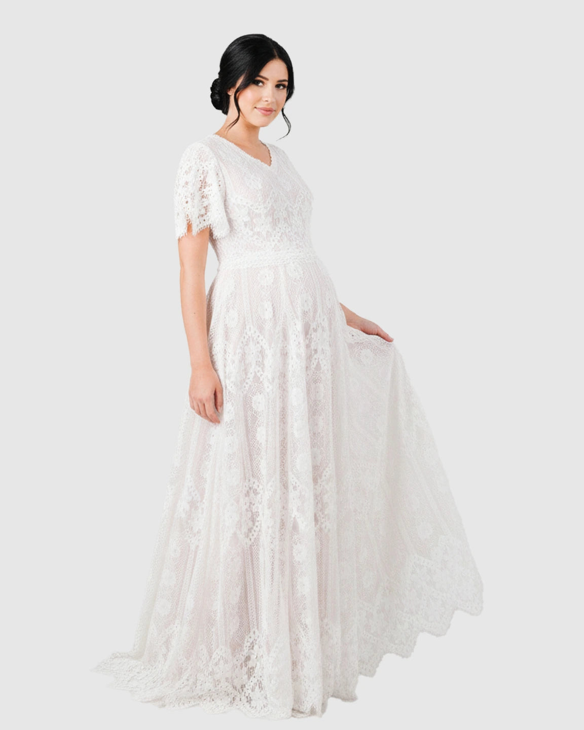 Vintage Lace Flutter-Sleeve Maternity Gown