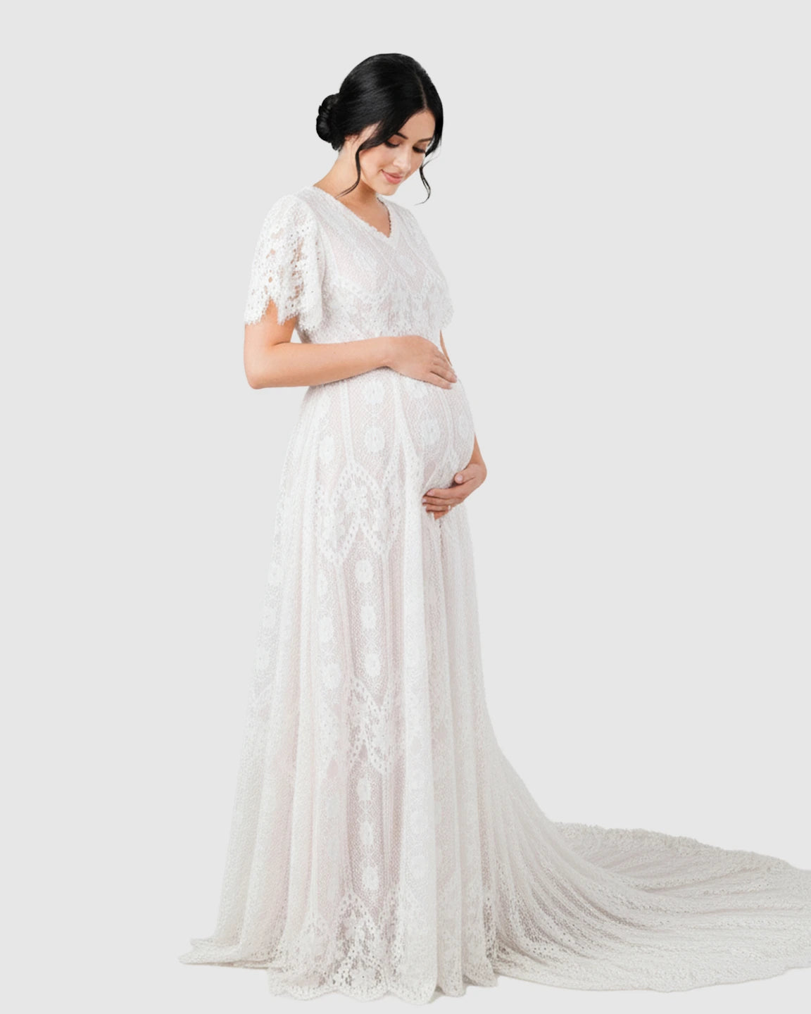 Vintage Lace Flutter-Sleeve Maternity Gown