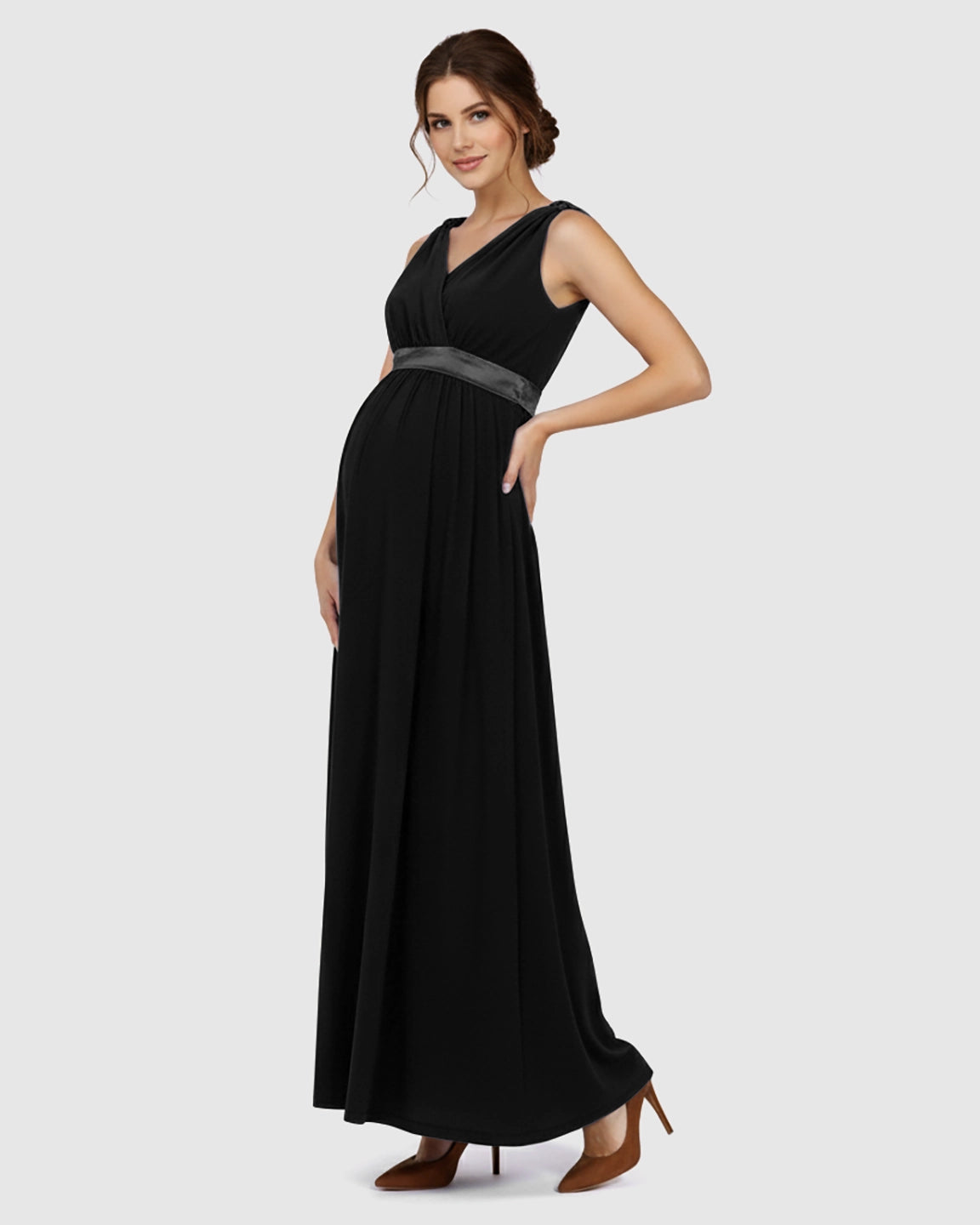 Fitted-Waist V-Neck Maternity Dress