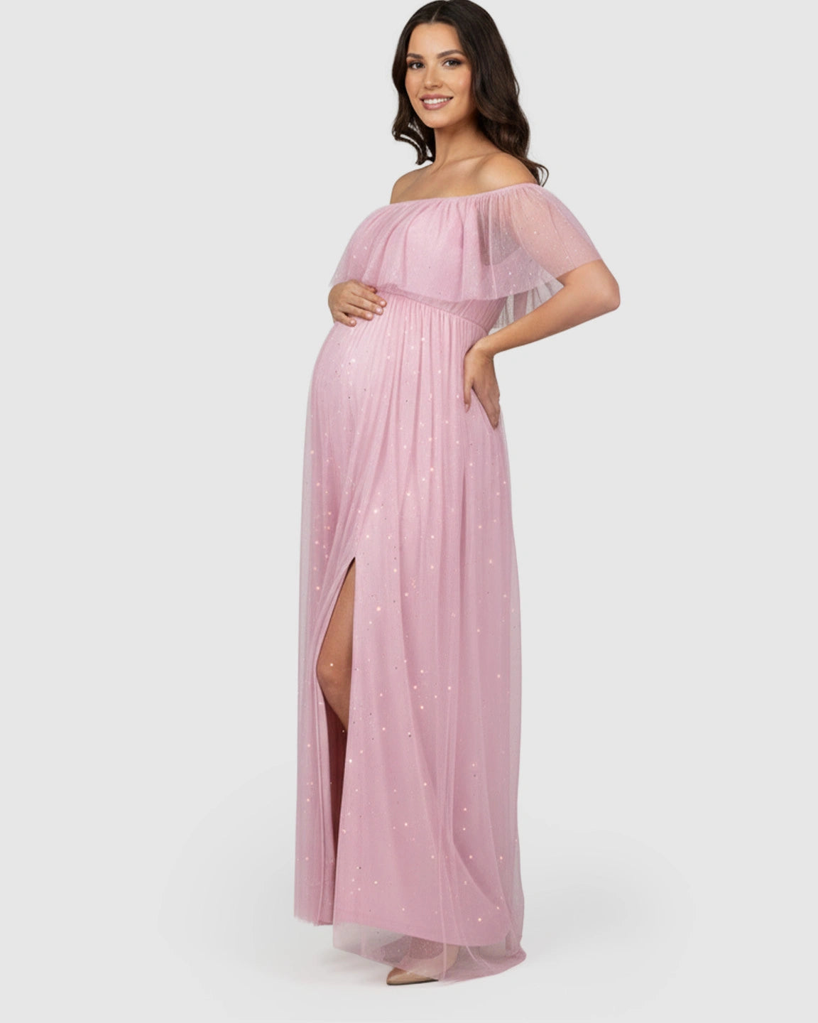 Off-Shoulder Mesh Empire Waist Maternity Maxi Dress