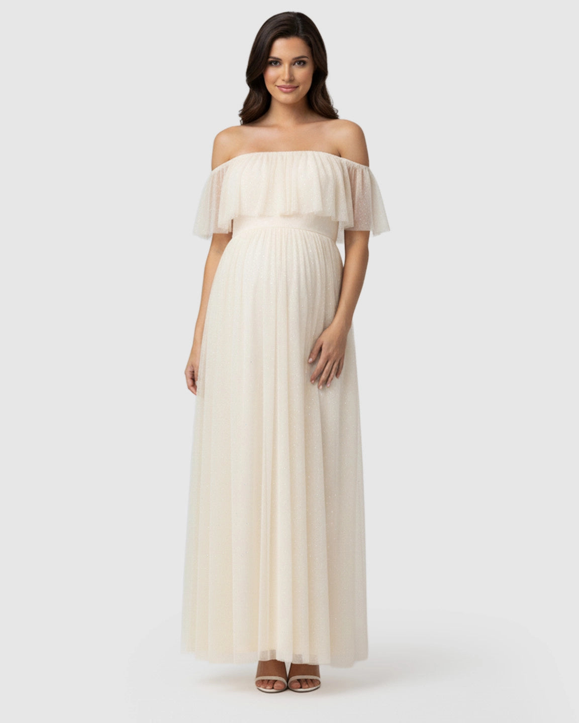 Off-Shoulder Mesh Empire Waist Maternity Maxi Dress