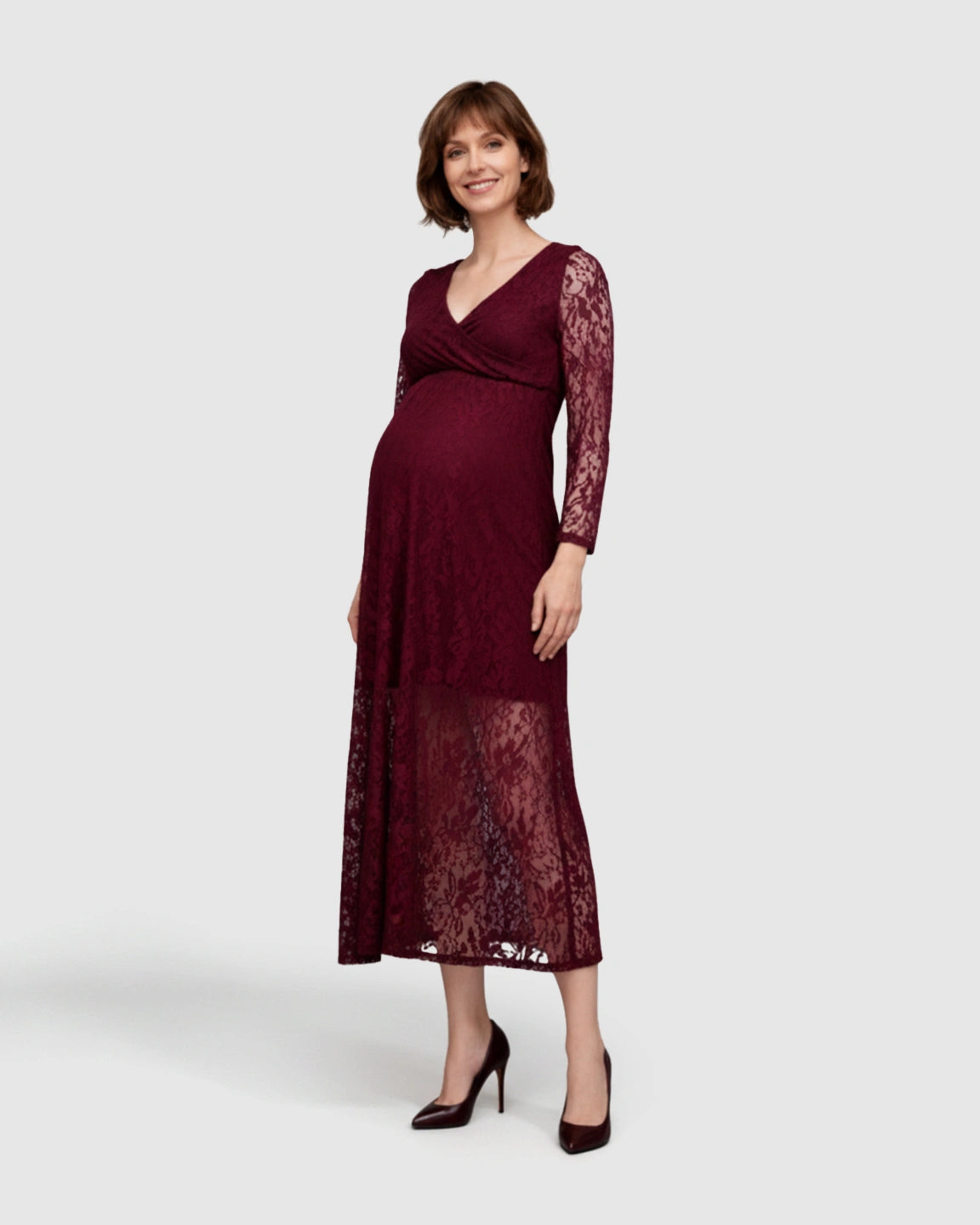 Sheer Lace Long Sleeve Maternity Midi Dress