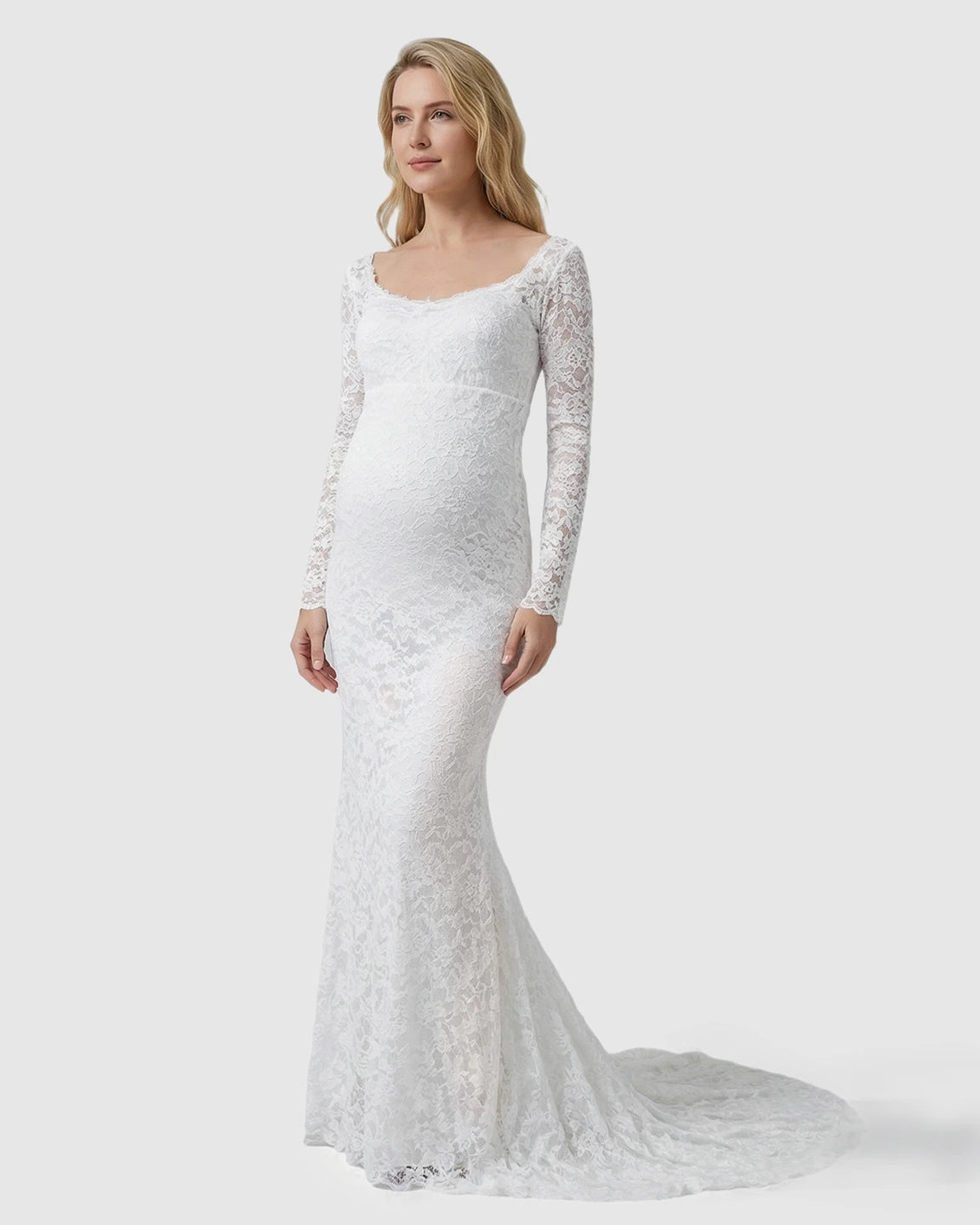 Lace Train Long-Sleeve Maternity Gown