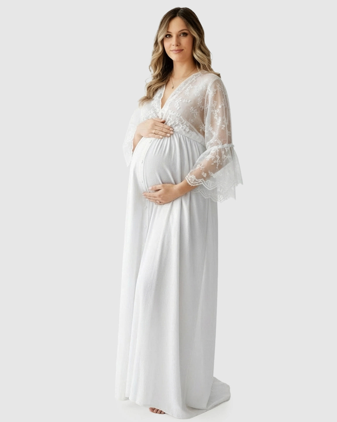Lace Bell-Sleeve V-Neck Maternity Gown