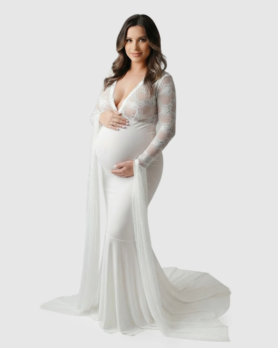 Lace Deep-V Floor-Length Maternity Gown