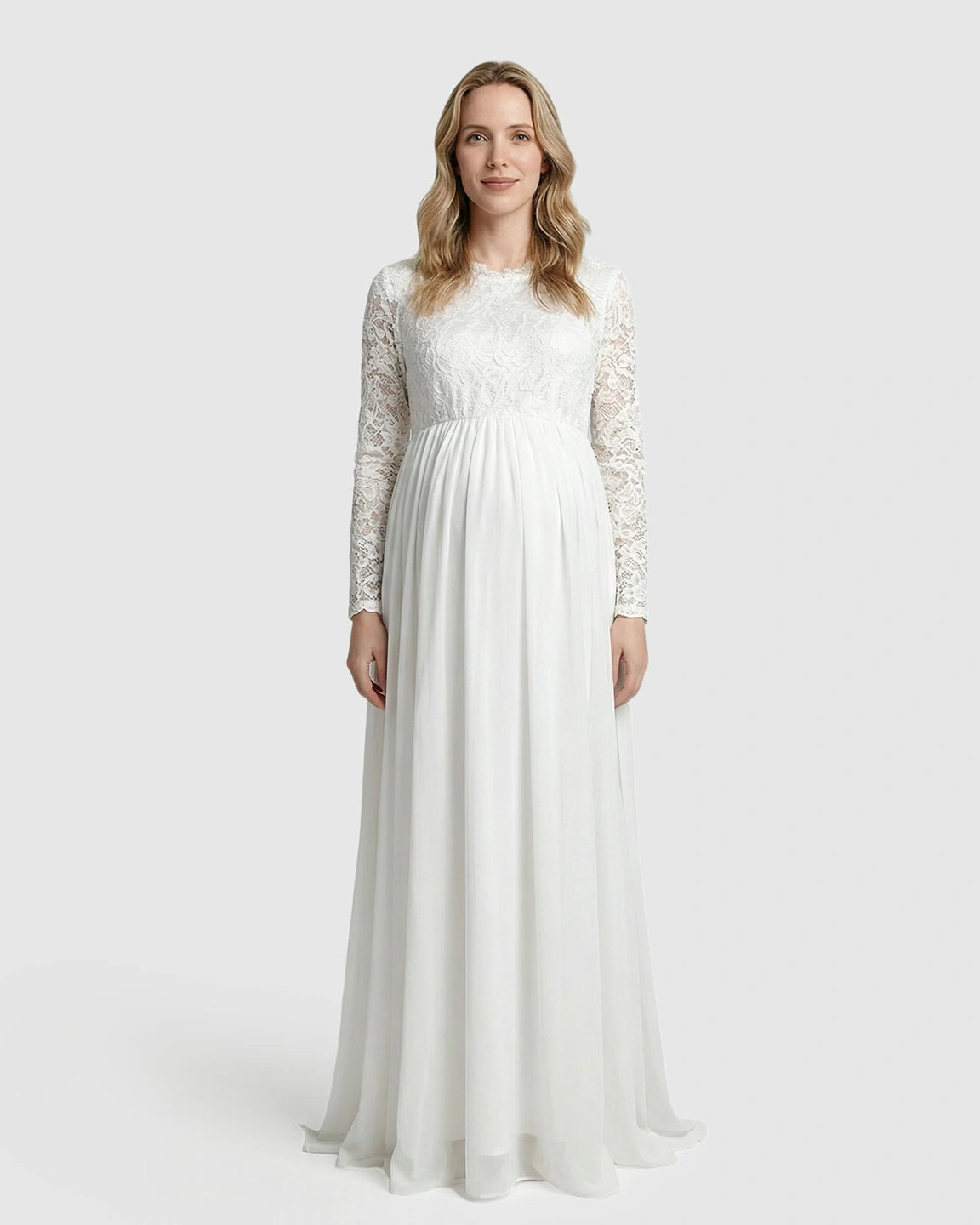 Lace Bodice Flowy Long-Sleeve Maternity Gown