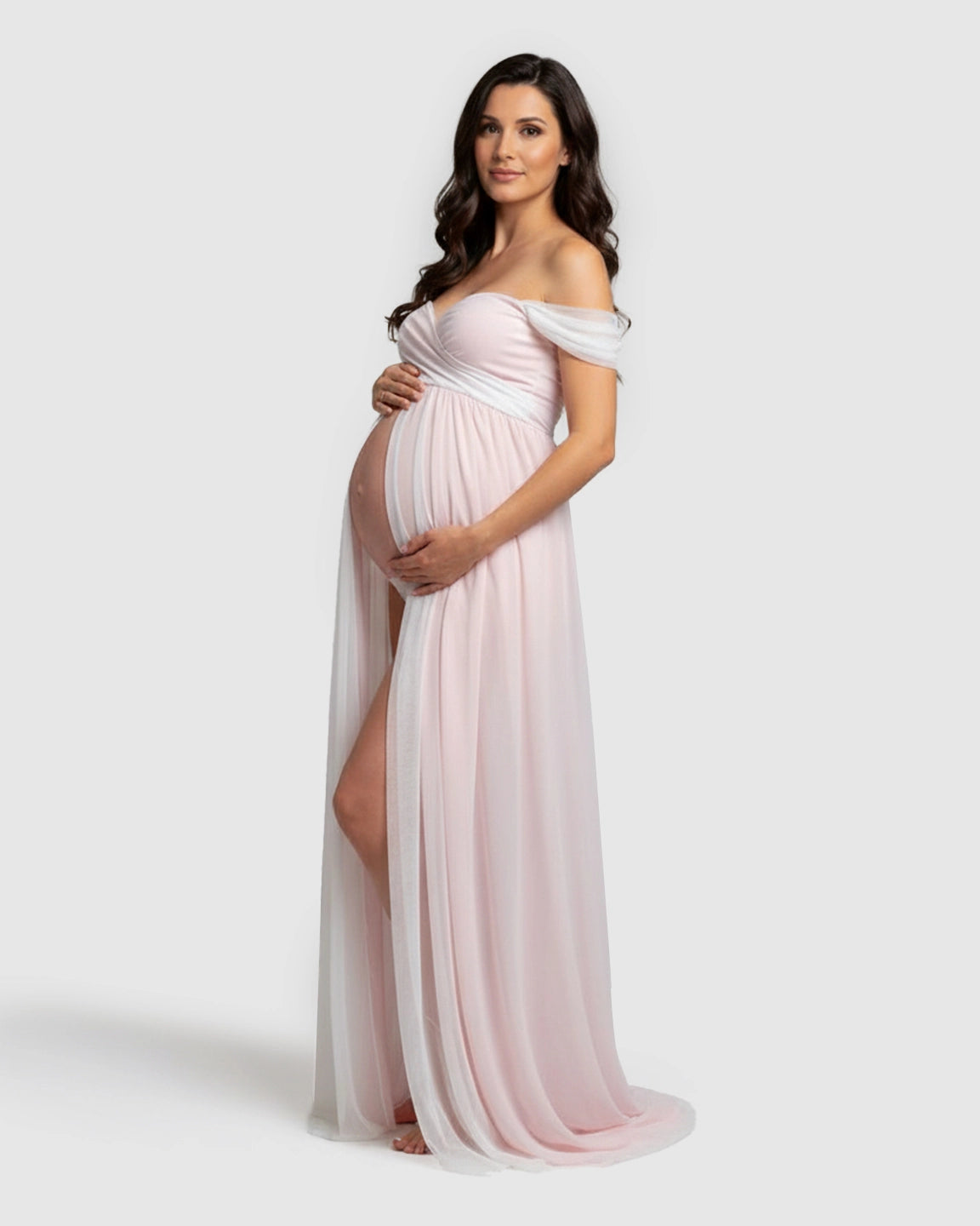 Off-Shoulder Slit Floor-Length Maternity Gown