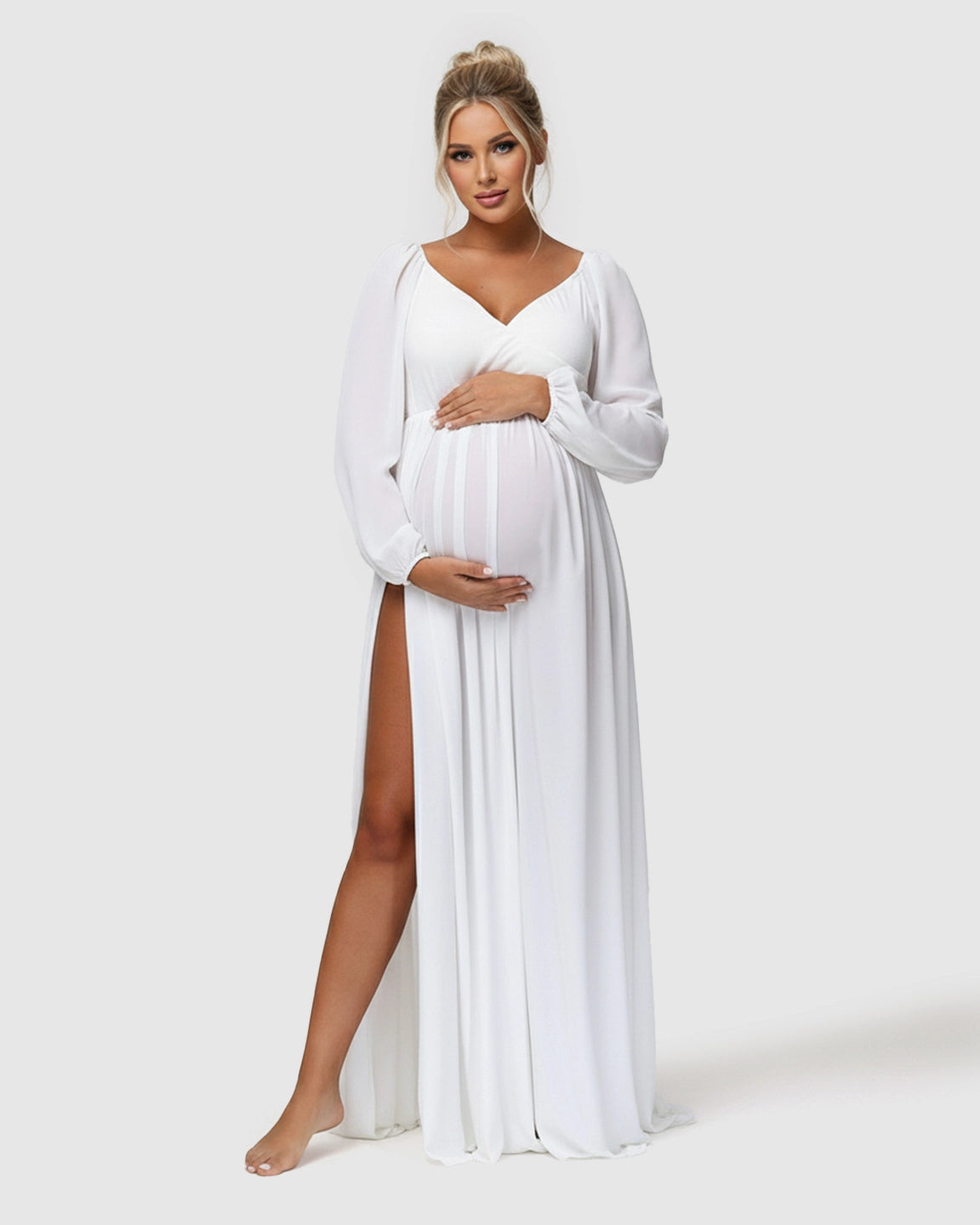 Elastic Neckline Sleeves Elegant-Drape Maternity Gown