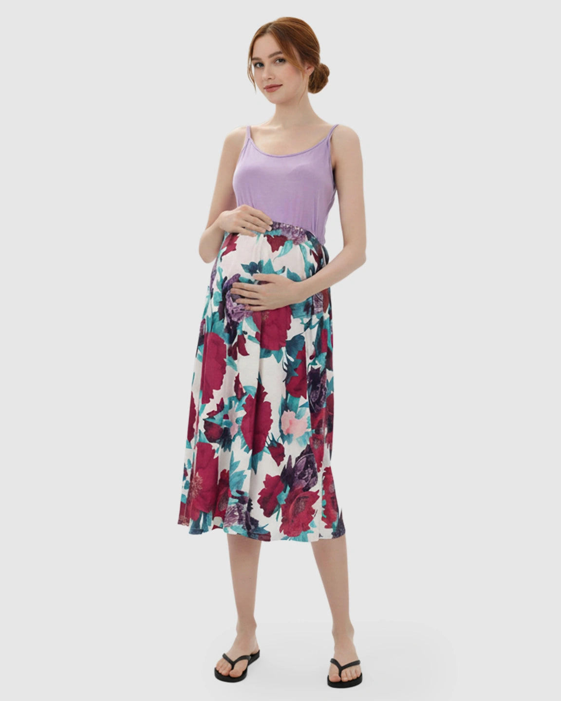 Adjustable-Strap Floral Maternity Midi Dress