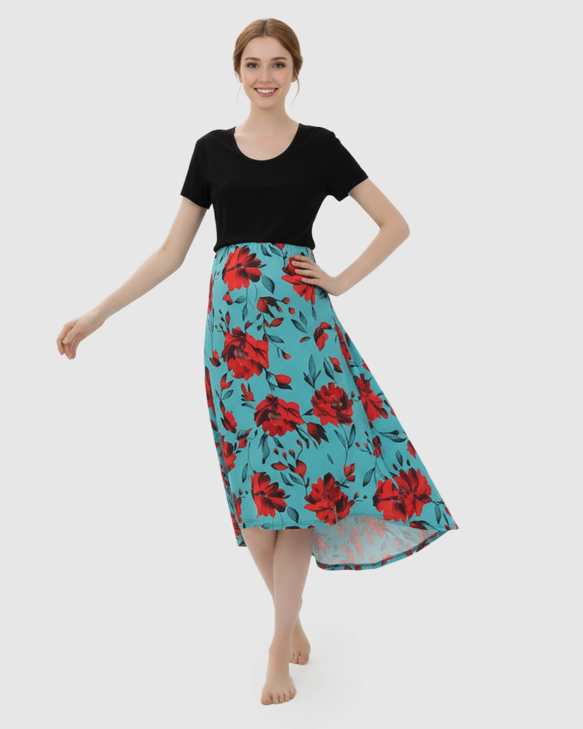 Asymmetric-Floral Vintage Maternity Midi Dress