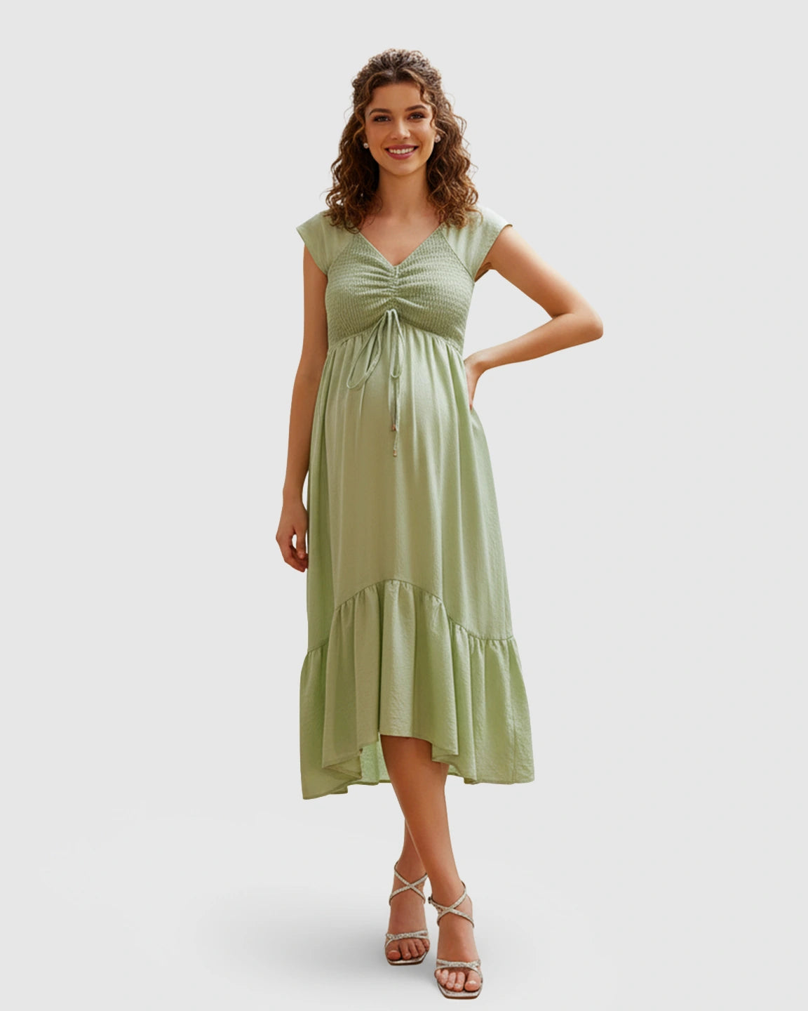 Smocked-Bodice Flowy Maternity Midi Dress
