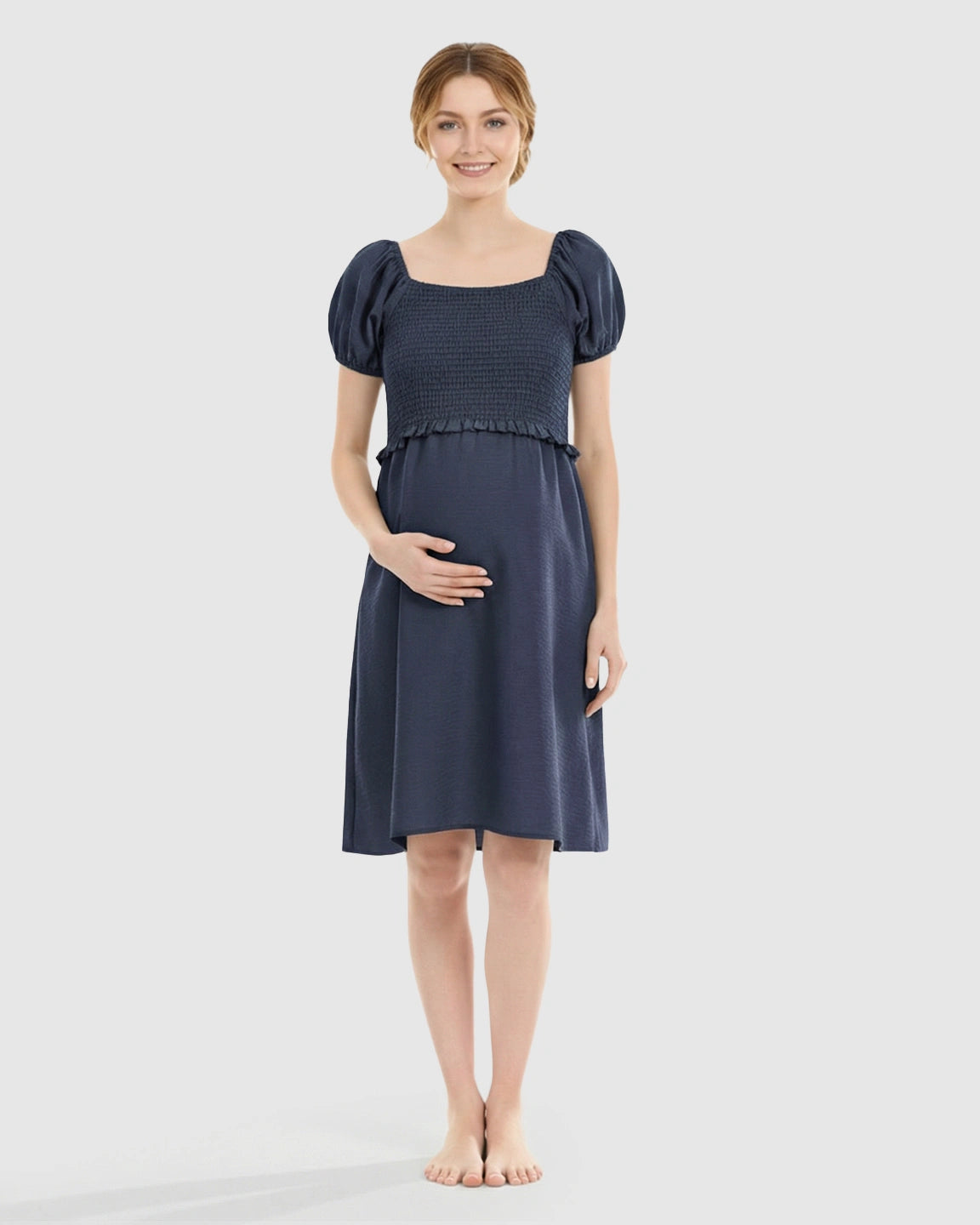Retro Puff-Sleeve Flowy Maternity & Nursing Midi Dress