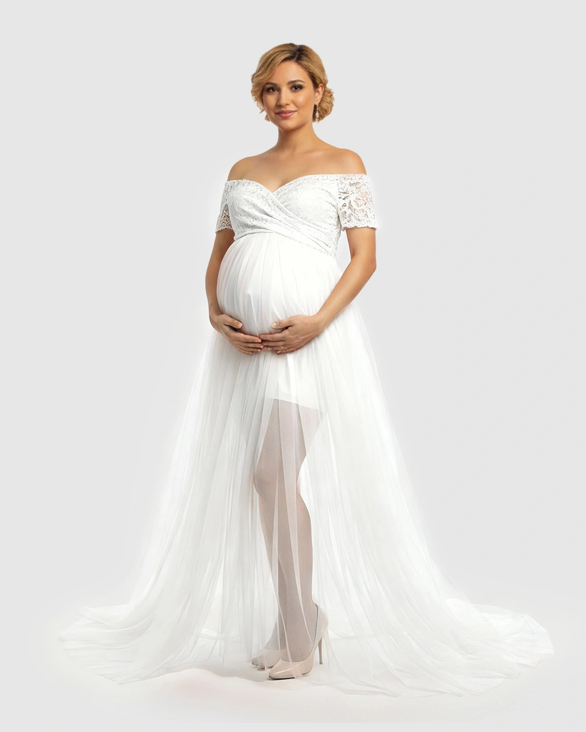 Lace & Mesh Off-Shoulder Maternity Gown