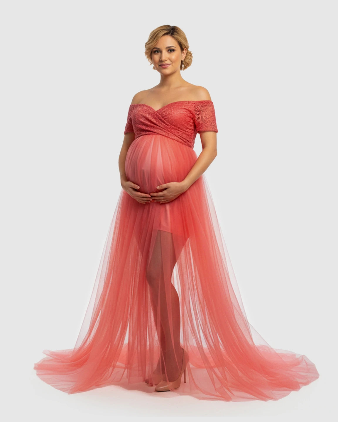 Lace & Mesh Off-Shoulder Maternity Gown