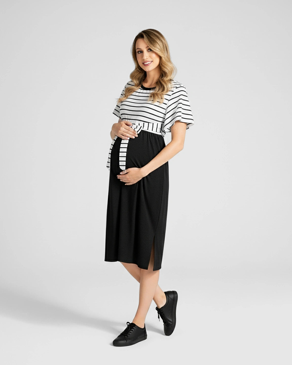 Striped Tie-Waist Casual Maternity Midi Dress