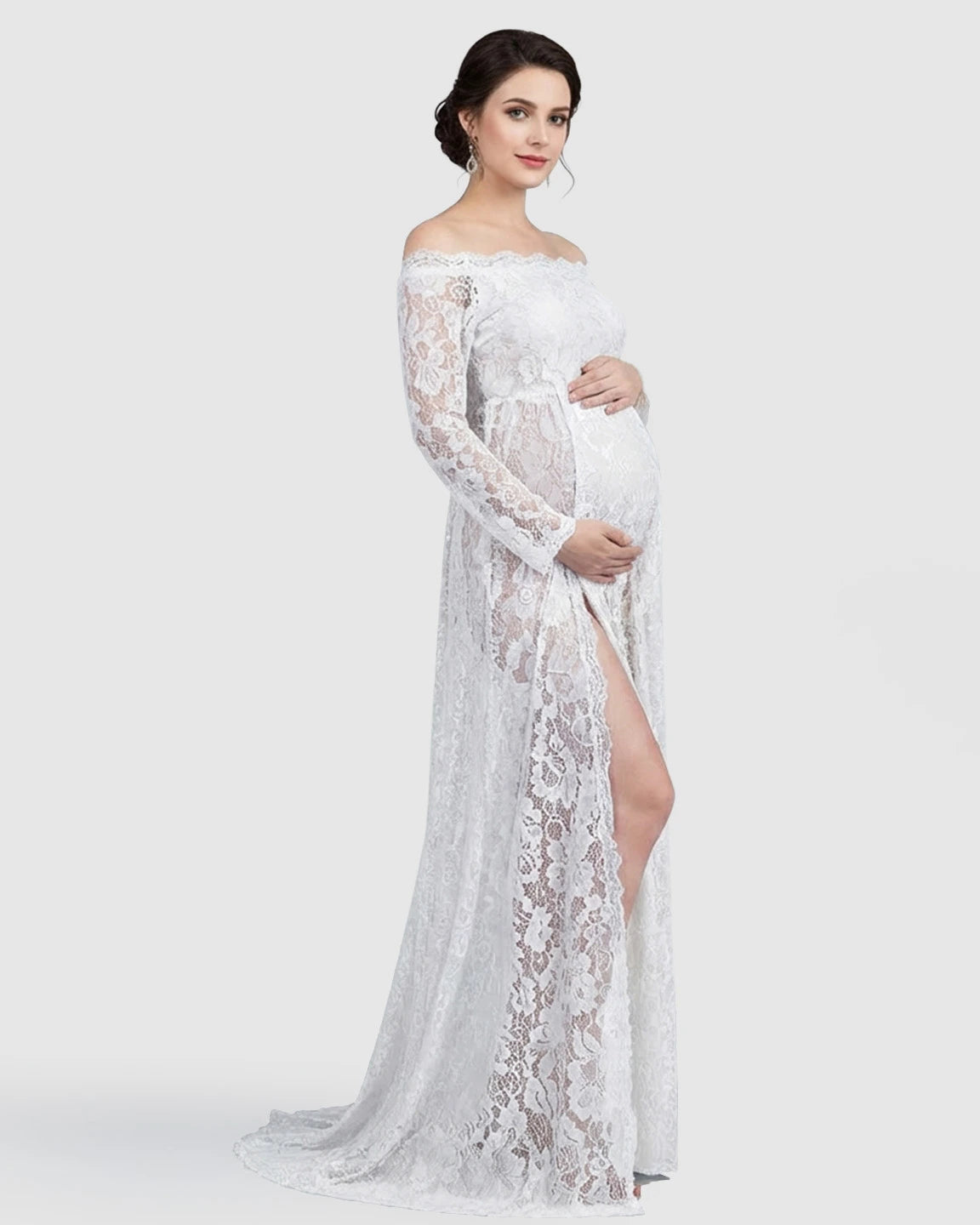 Off-Shoulder Lace Slit Maternity Gown