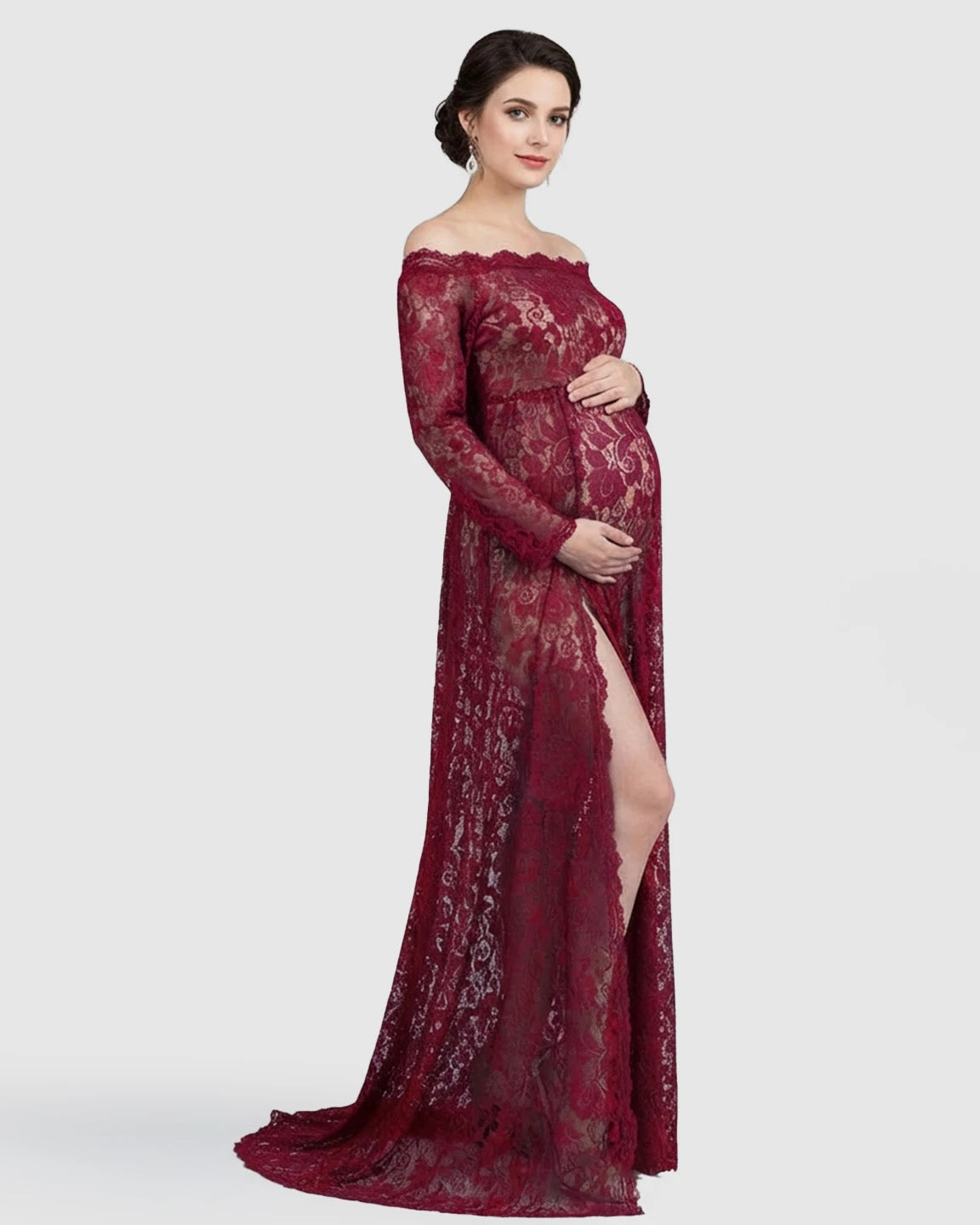 Off-Shoulder Lace Slit Maternity Gown