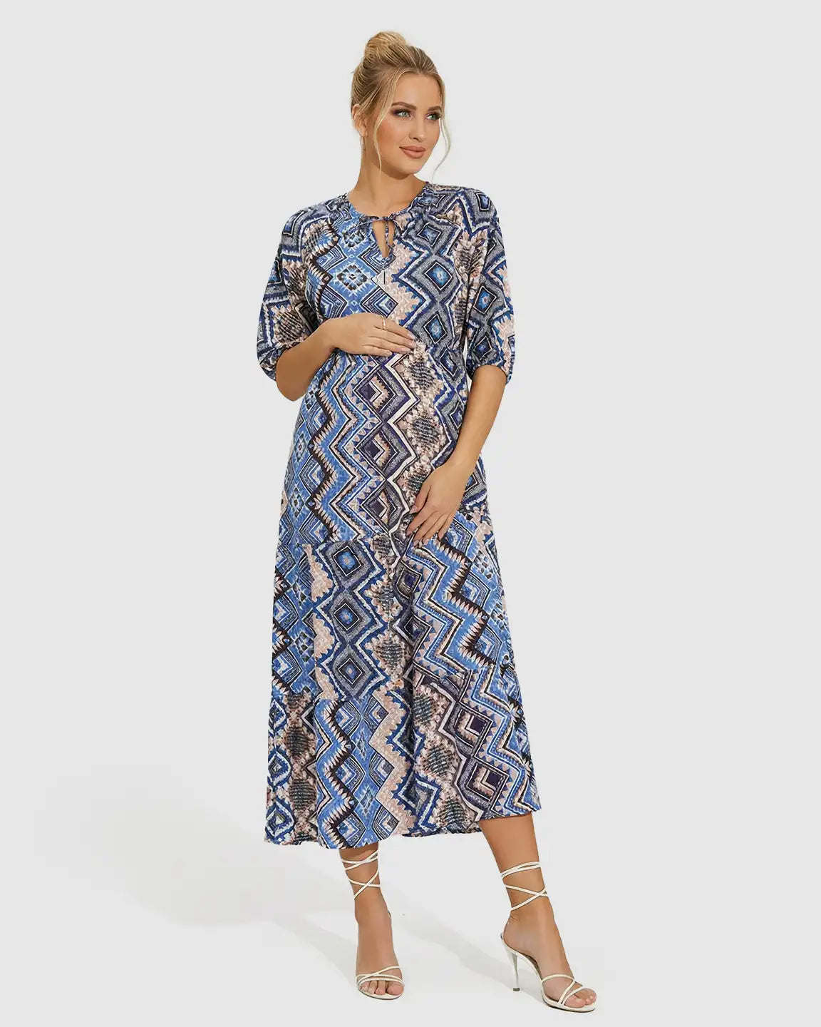 V-Neck Boho Print Maternity Midi Dress