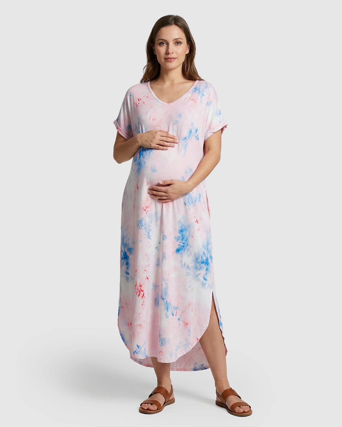V-Neck Tie-Dye Maternity Midi Dress