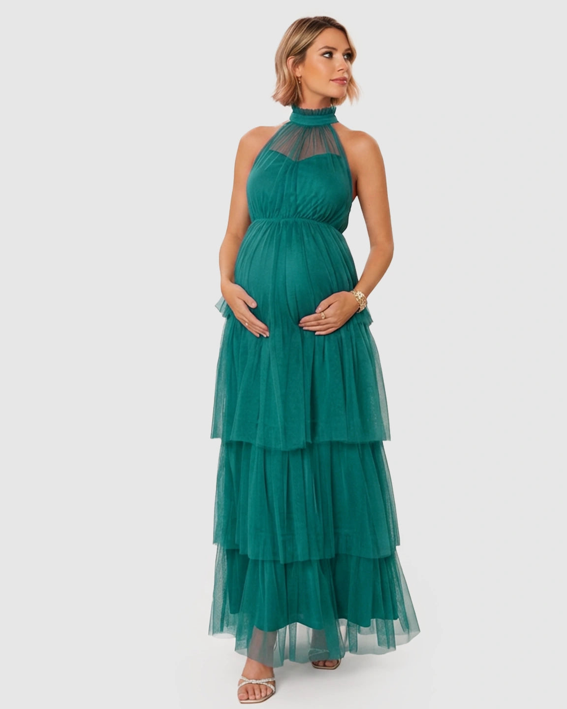 Halter Neck Tiered Mesh Maternity Gown