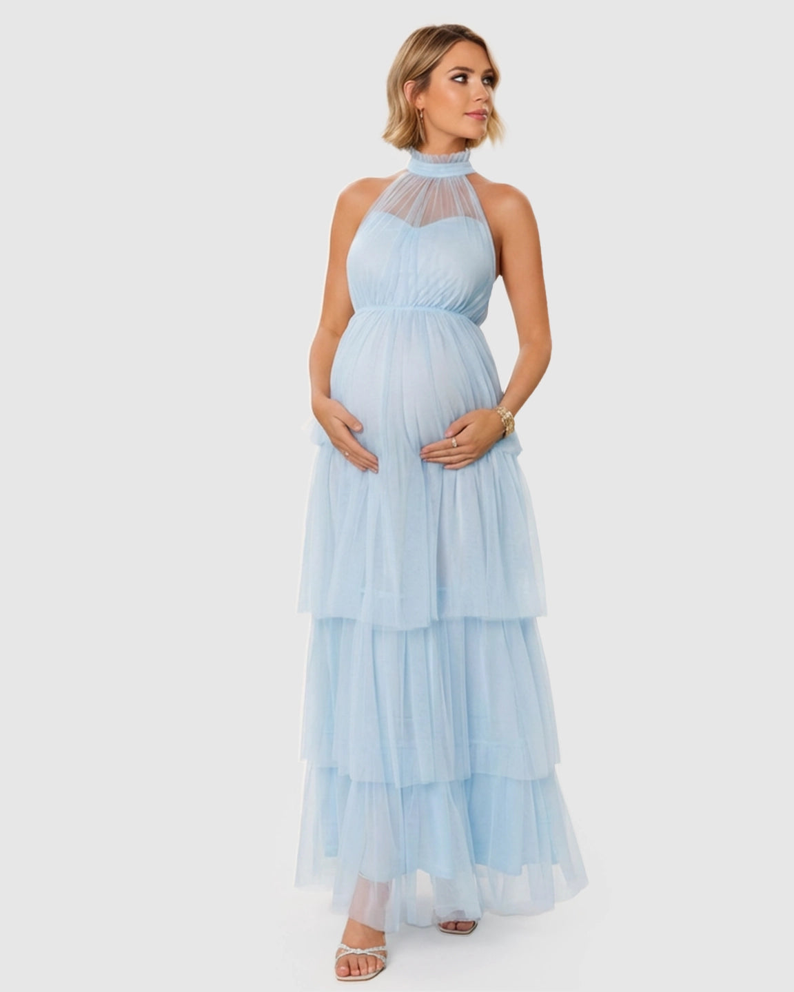 Halter Neck Tiered Mesh Maternity Gown
