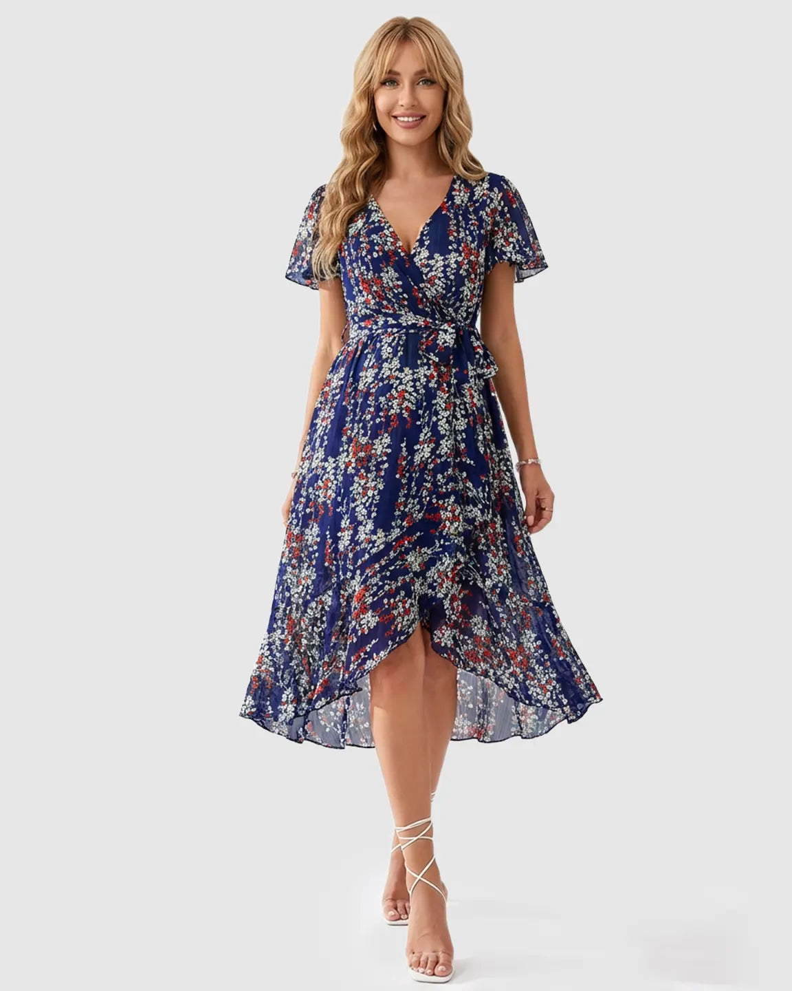 Navy Floral Wrap-Front Maternity Midi Dress