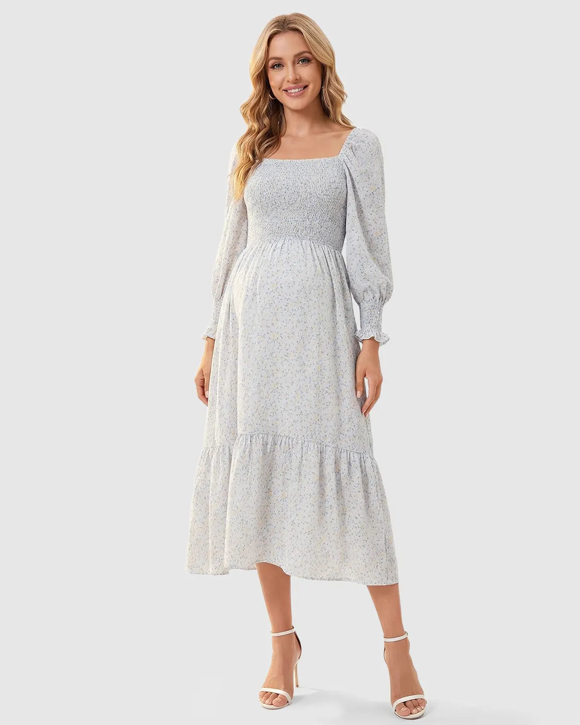 Smocked Floral Long Sleeve Maternity Midi Dress