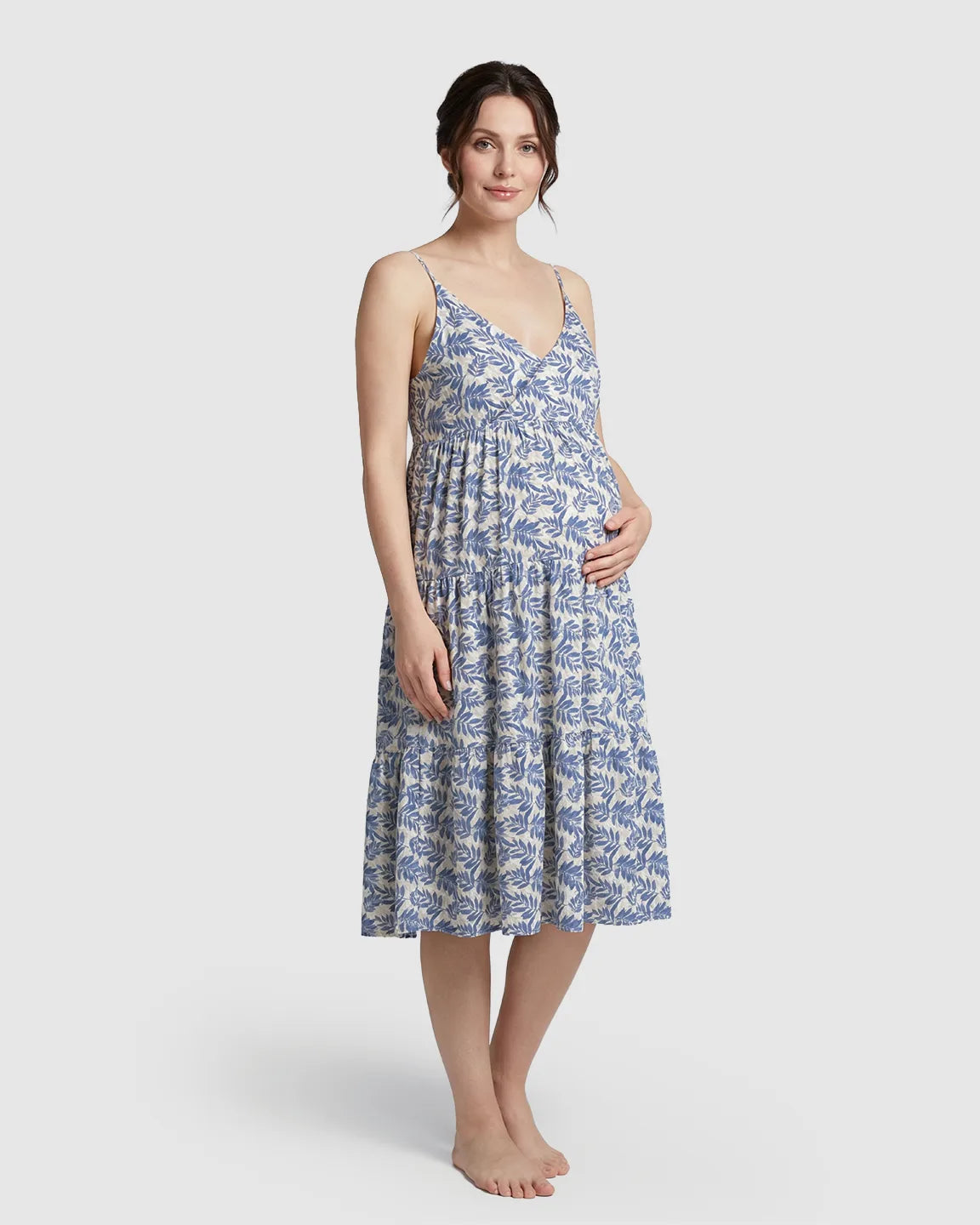 Adjustable-Strap Blue Leaves Print Maternity Nightdress