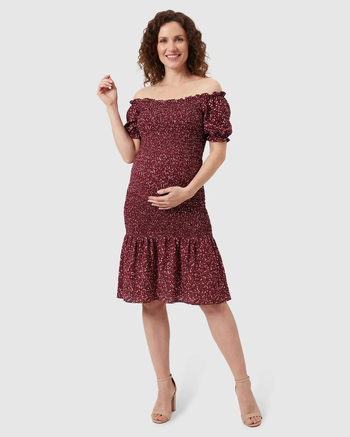 Off-Shoulder Smocked Floral Maternity Midi Dress