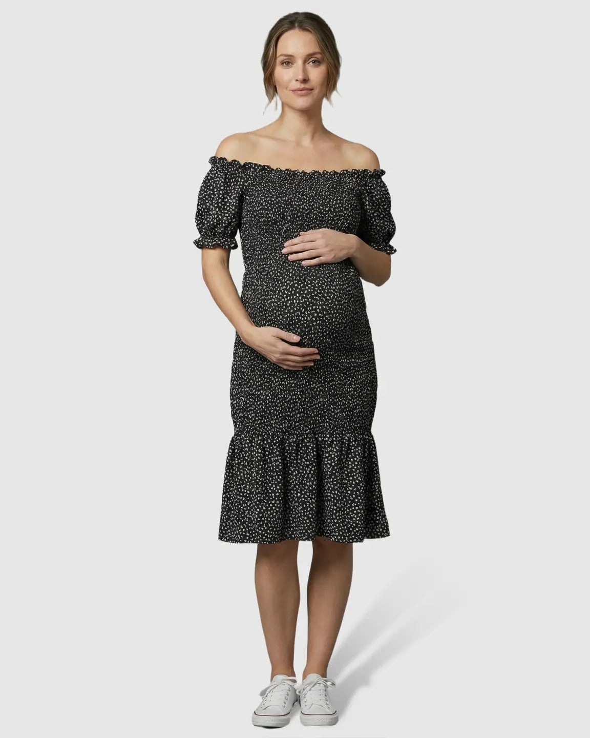 Fishtail Hem Smocked Maternity Midi Dress
