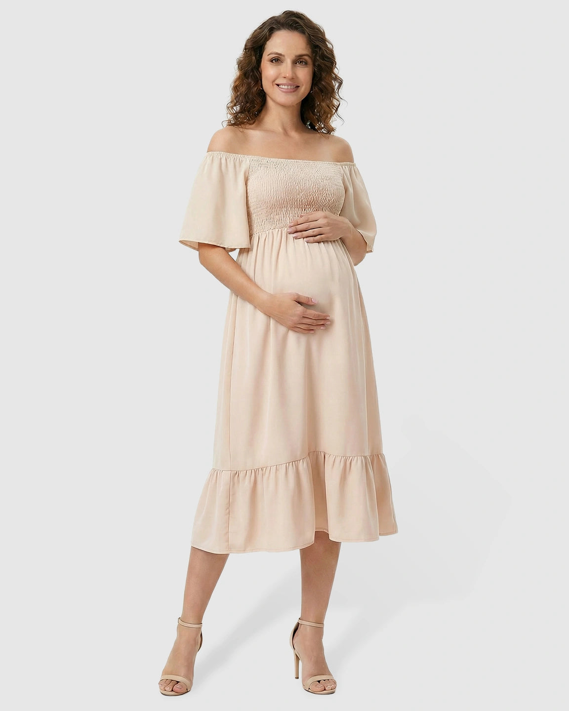 Flutter-Sleeve Smocked Maternity Midi Dress