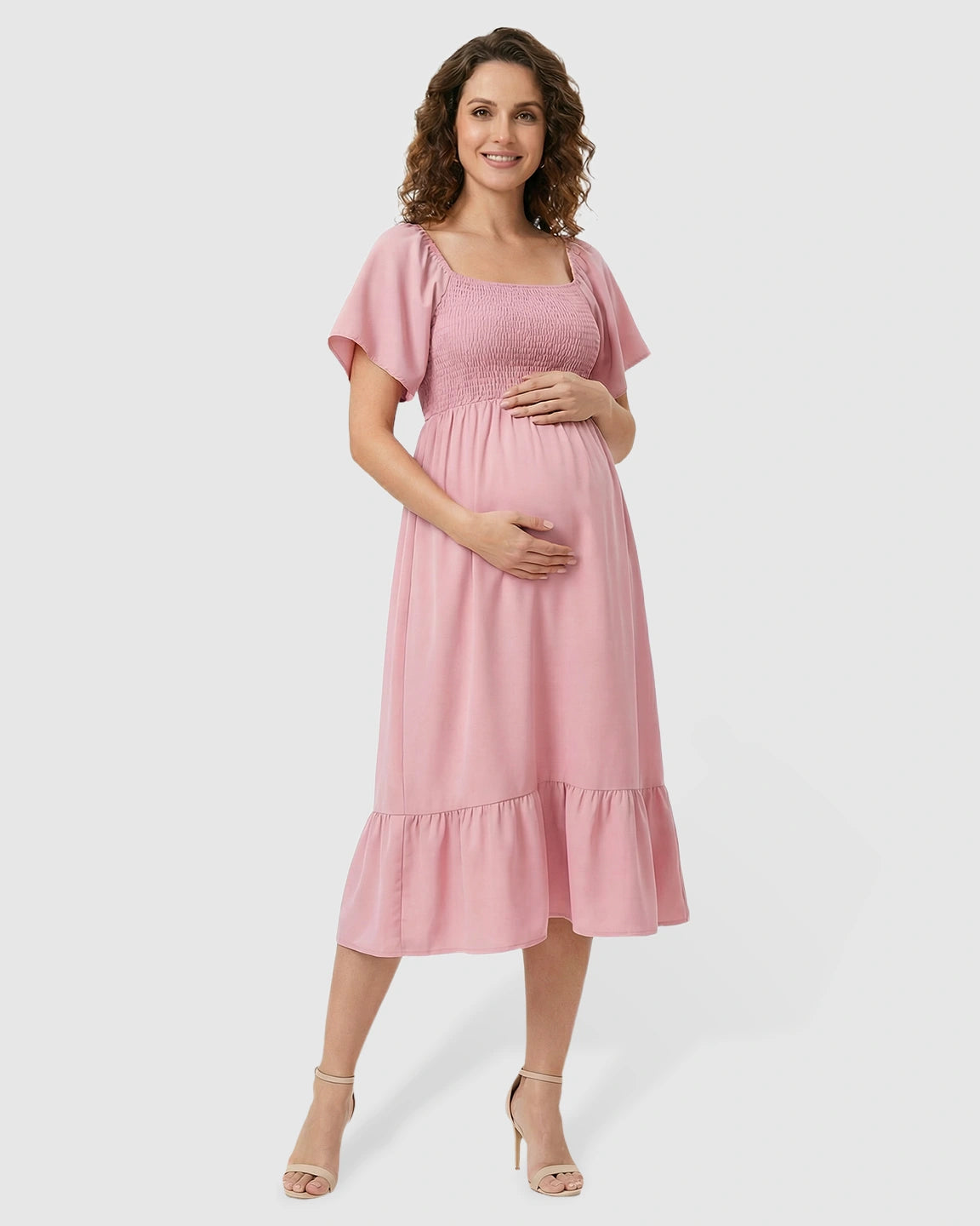 Flutter-Sleeve Smocked Maternity Midi Dress
