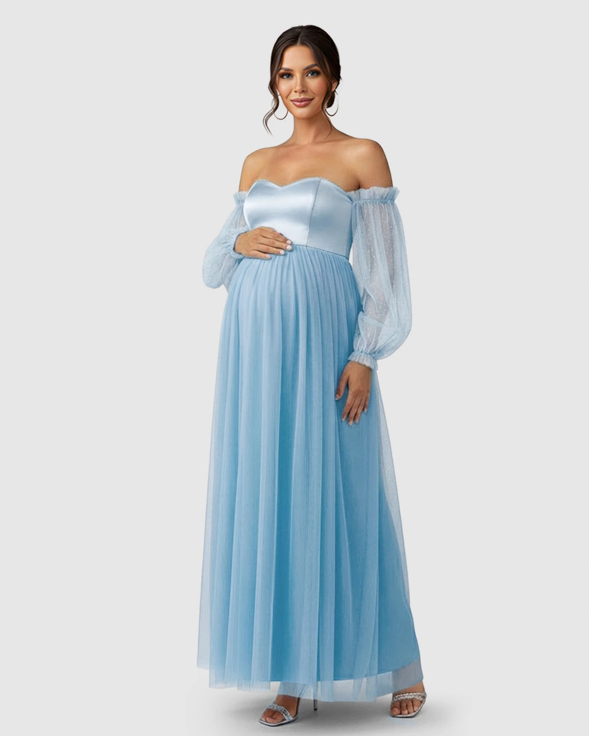 Off-Shoulder Mesh-Sleeve Maternity Gown