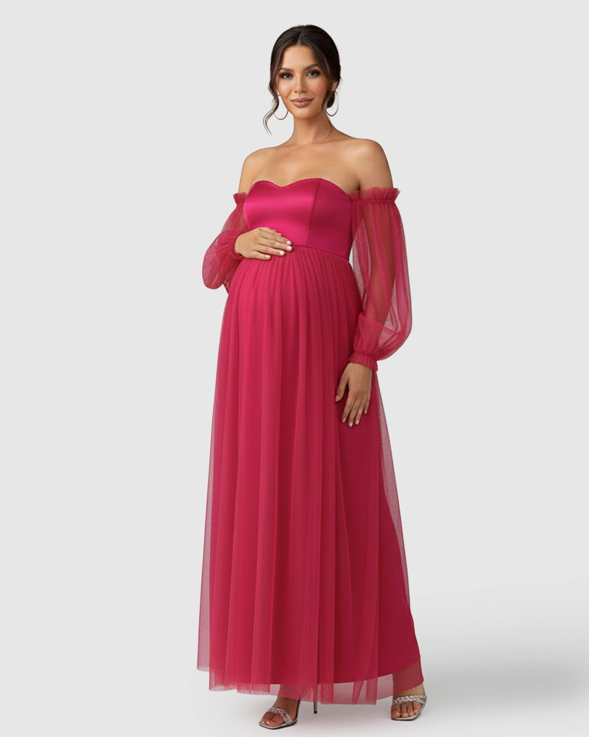 Off-Shoulder Mesh-Sleeve Maternity Gown