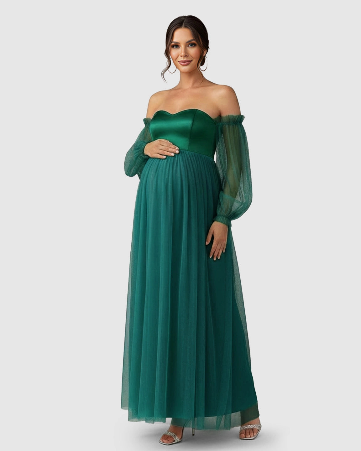 Off-Shoulder Mesh-Sleeve Maternity Gown
