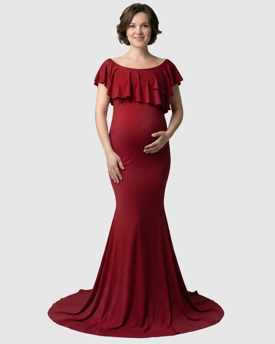 Ruffle-Off Shoulder Trailing Maternity Gown