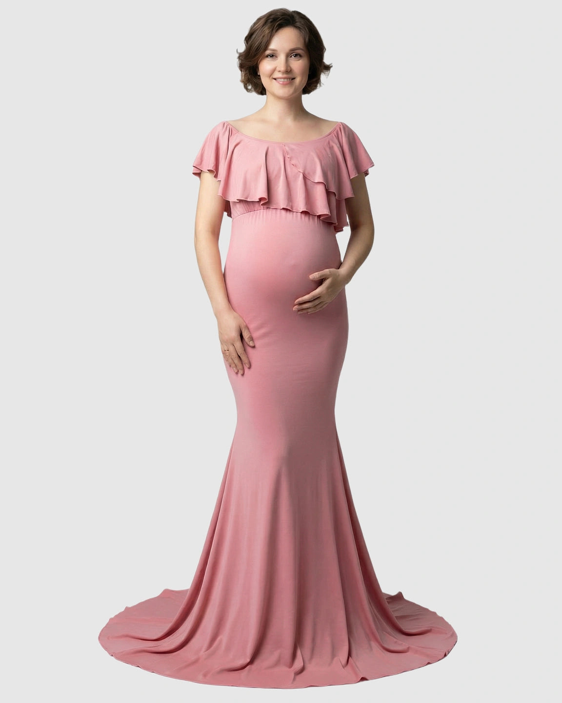 Ruffle-Off Shoulder Trailing Maternity Gown