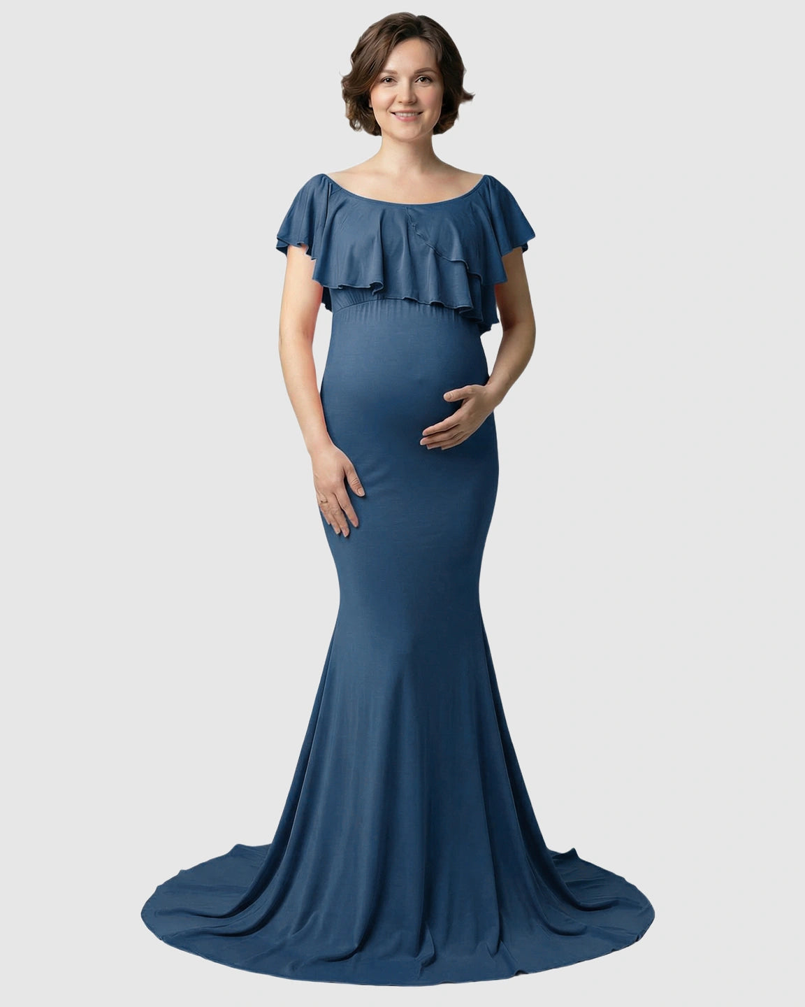 Ruffle-Off Shoulder Trailing Maternity Gown