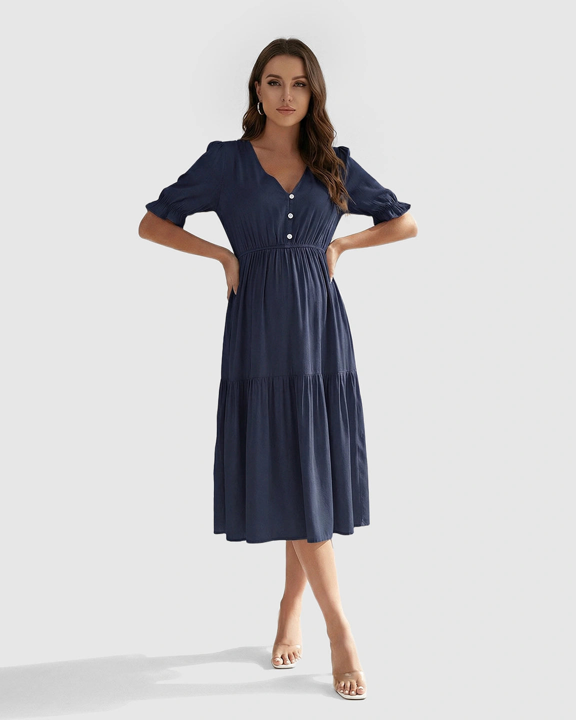 V-Neck Puff Sleeve Maternity Midi Dress