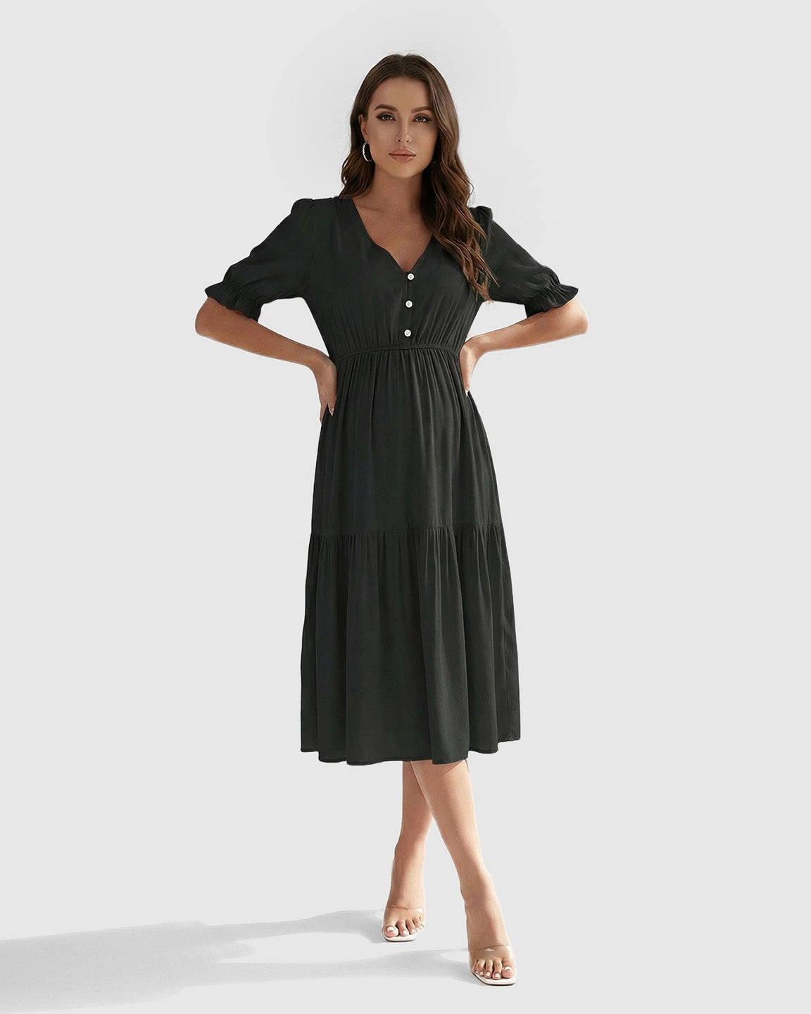 V-Neck Puff Sleeve Maternity Midi Dress