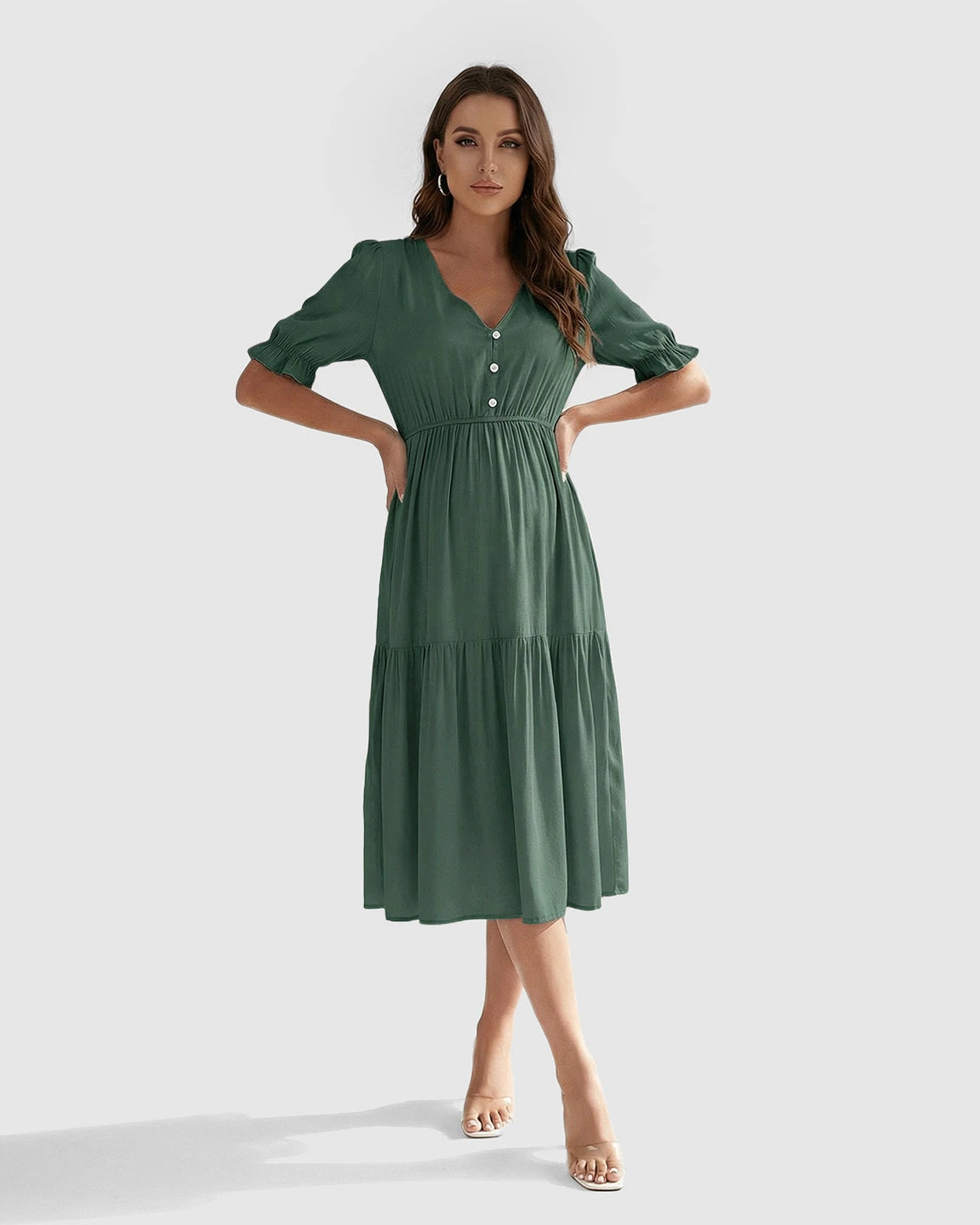 V-Neck Puff Sleeve Maternity Midi Dress