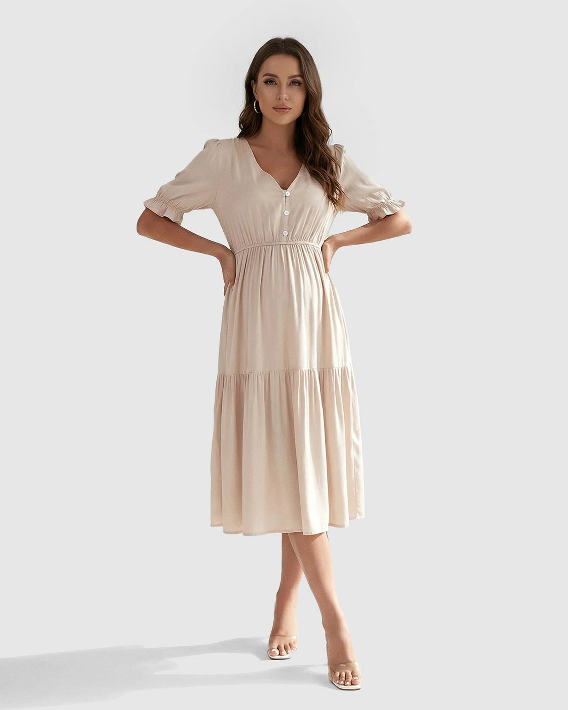 V-Neck Puff Sleeve Maternity Midi Dress