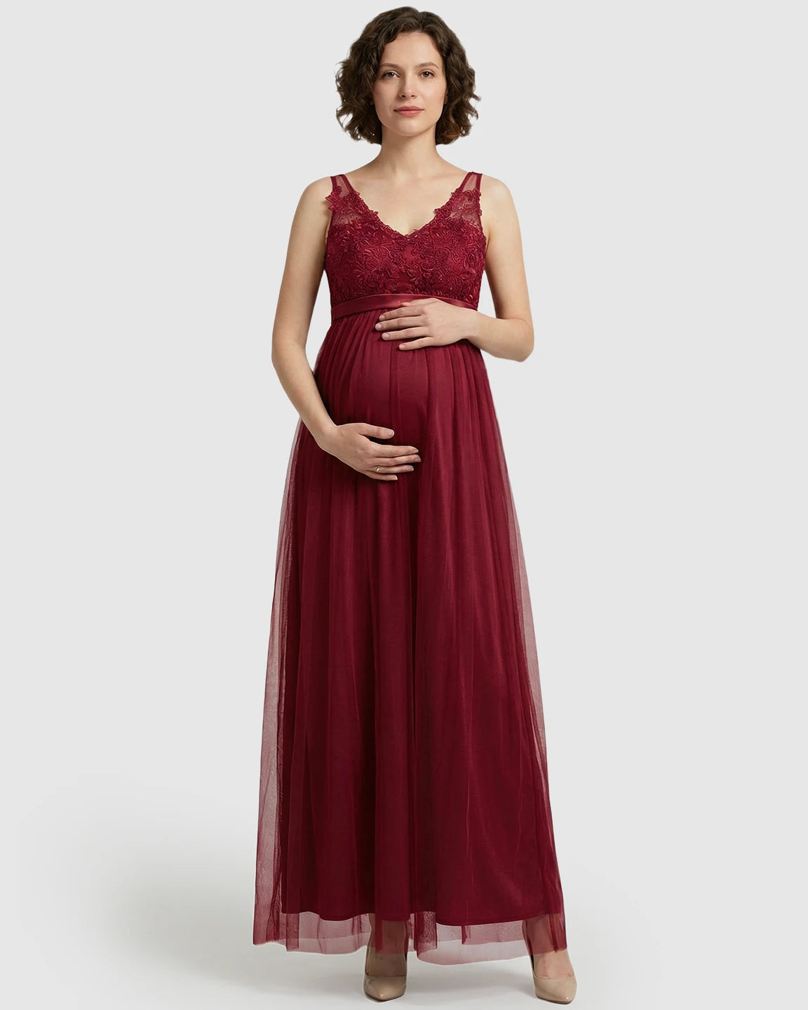 Lace-Trim Tulle Maternity Maxi Dress