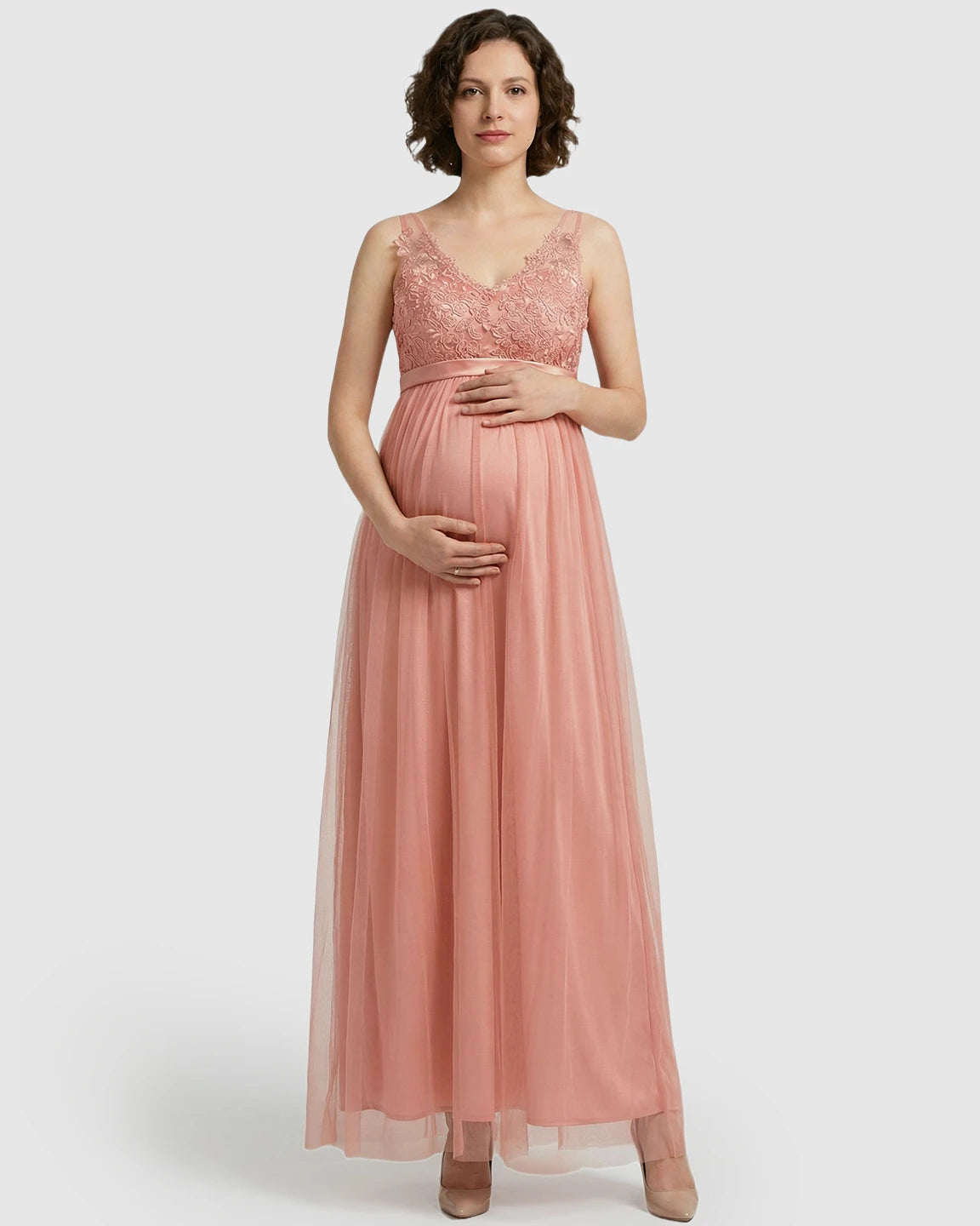 Lace-Trim Tulle Maternity Maxi Dress