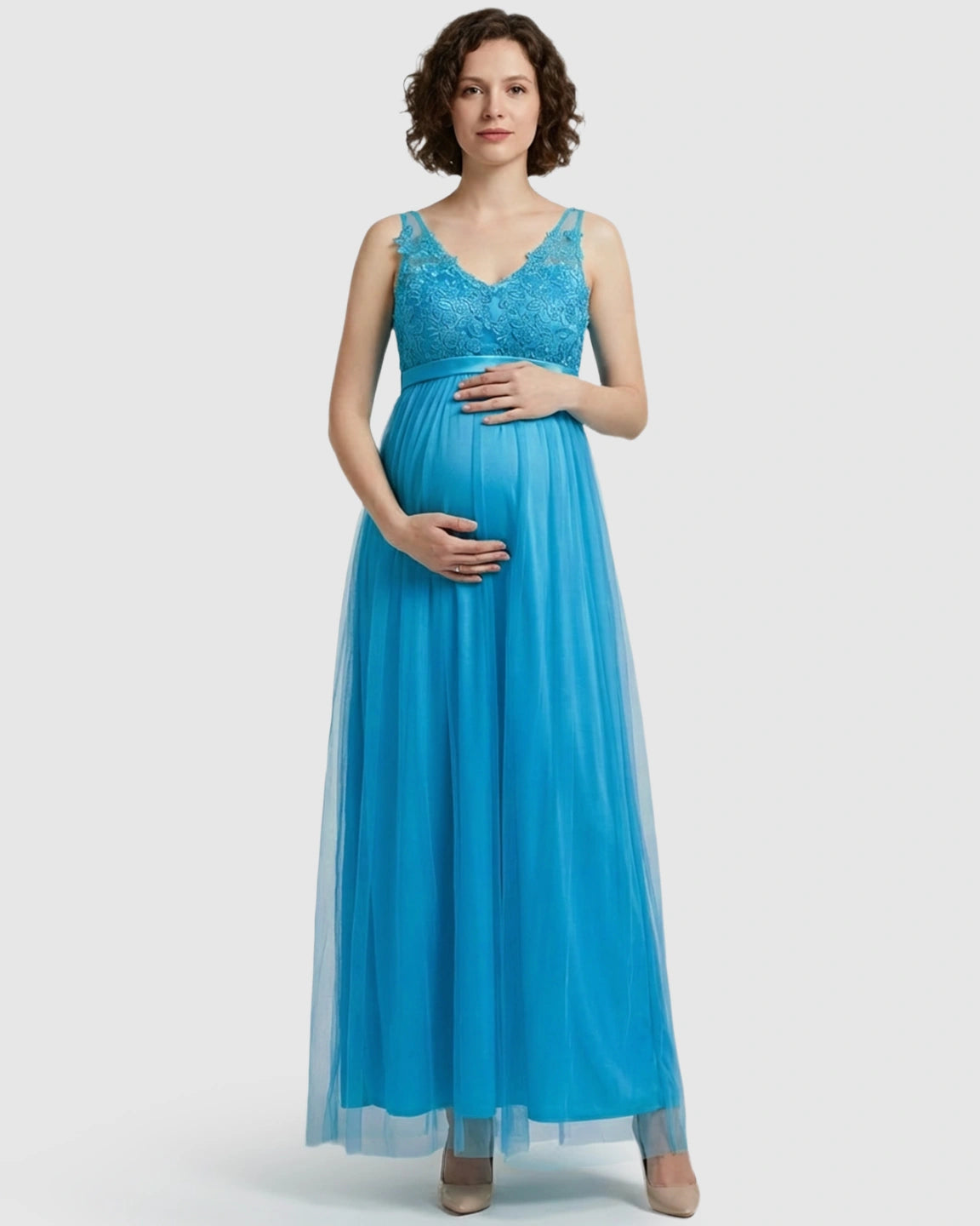 Lace-Trim Tulle Maternity Maxi Dress
